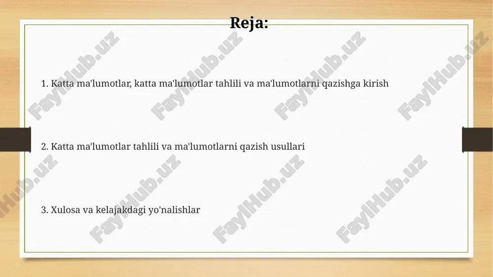 i uchun hajmli, turli xil va tezkor ma'lumotlar to'plamlarining 5v (hajm, tezlik, xilma-xillik, aniqlik, qiymat) xususiyatlarini chuqur o'rganish zarur. katta ma'lumotlar analitikasi tezisi bashoratli modellashtirish, klasterlash, tasniflash kabi usullar orqali qimmatli ma'lumotlarni aniqlash va biznes qarorlarini yaxshilashga qaratilgan 7 asosiy omilni qamrab olishi kerak. e'tiboringiz uchun rahmat @taqdimot_robot image3.png image4.png