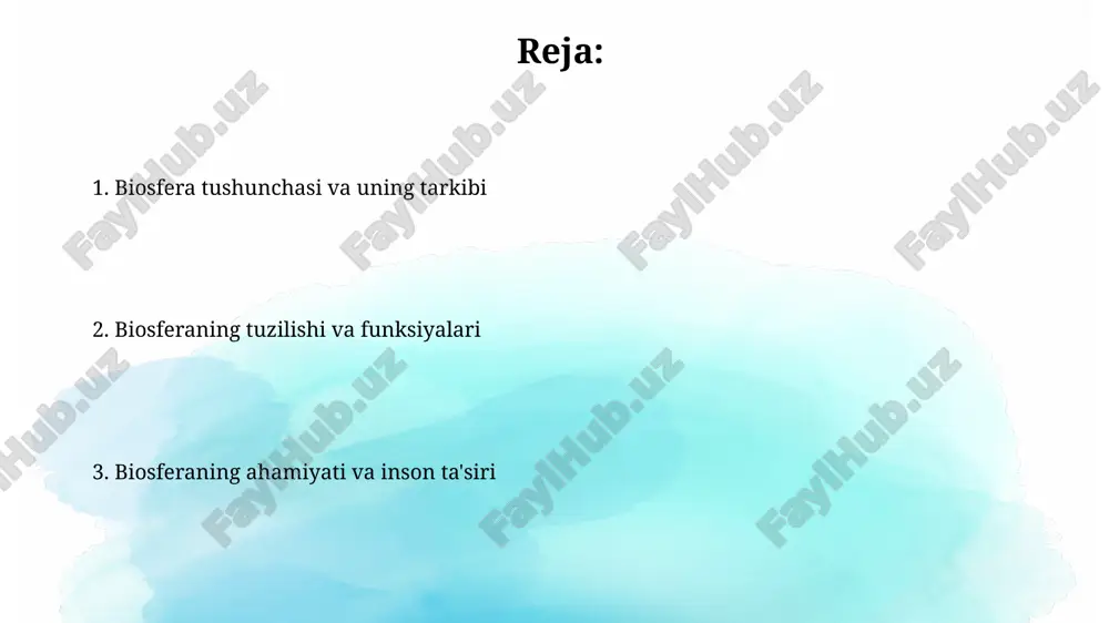 onida qayta chiqaradi. energiya oqimi biosferaga quyoshdan keladi, taxminan 1-4% fotosintezga sarflanadi, qolgani esa issiqlik sifatida yo'qoladi, trofik darajalar bo'ylab kamayib boradi. biosferaga inson ta'siri o'rmonlarning kesilishi global miqyosda karbonat angidrid (co2) miqdorini oshiradi, bu esa 1.5 daraja selsiy bo'yicha haroratning ko'tarilishiga salbiy ta'sir ko'rsatadi. intensiv qishloq xo'jaligi amaliyotlari tuproq eroziyasini 25% ga oshiradi va suv havzalarini azotli o'g'itlar bilan ifloslantirib, ekotizimga zarar yetkazadi. biosferani muhofaza qilish biosfera muhofazasi 1970-yillardan boshlab unesconing 'inson va biosfera' dasturi orqali global muammolarni hal qilishga qaratilgan. bu, ayniqsa, biologik xilma-xillikni saqlash uchun juda muhimdir. o'zbekistonda biosfera muhofazasi tabiiy resurslardan oqilona foydalanish, ekotizimlarni tiklash va muhofaza qilish, shuningdek, atrof-muhit monitoringini olib borishni o'z ichiga oladi. e'tiboringiz uchun rahmat image2.png image3.jpg image4.jpg image5.jpg image6.jpg image7.jpg image8.jpg image9.jpg image1.png