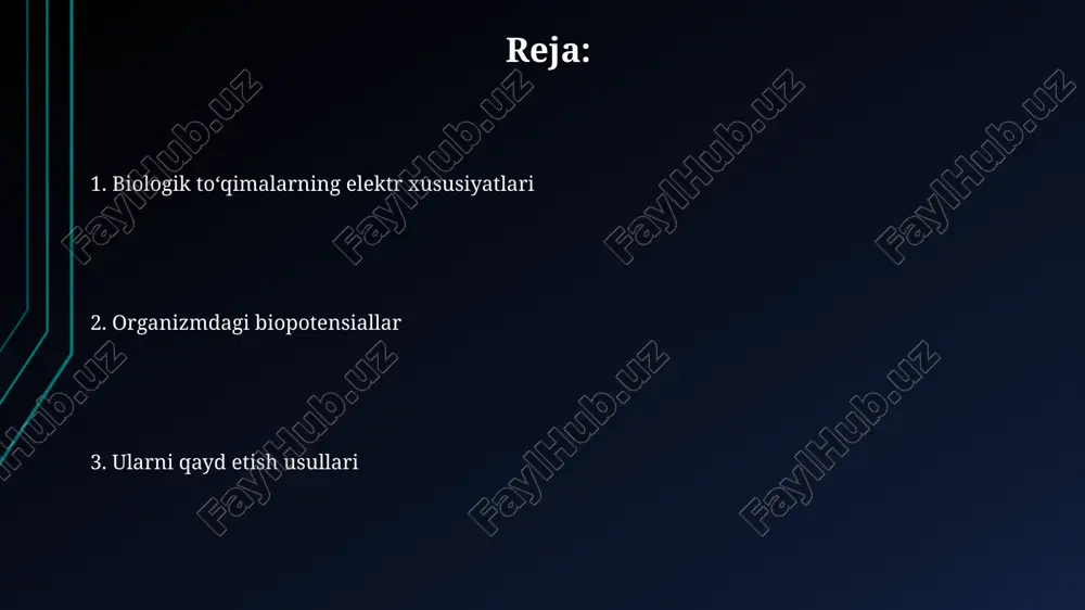 gʻalish yoki tormozlanishga olib kelishi mumkin. elektrokardiografiya (ekg): yurak faoliyatini oʻlchash ekg yurakning elektr faolligini yozib olish orqali yurak kasalliklarini tashxislashda muhim rol o'ynaydi, masalan, aritmiya, ishemiya va miokard infarktini p, qrs kompleksi va t to'lqinlarining shakli va intervalini tahlil qilish orqali aniqlanadi. ekg 12 ta elektrod yordamida amalga oshiriladi, ulardan 10 tasi tanaga biriktiriladi (qo'llar va oyoqlarda) va 6 tasi ko'krak qafasiga, bu yurakning elektr faolligini turli burchaklardan ko'rish imkonini beradi hamda yurakning faoliyati to'g'risida to'liq ma'lumot beradi. elektroensefalografiya (eeg): miya faoliyatini oʻlchash elektroansefalografiya (eeg) miya faoliyatini neyronlarning sinaptik faolligidan kelib chiqadigan elektr potentsiallarining o'zgarishini o'lchash orqali baholaydi, odatda millivoltlarda (mv) ifodalanadi. eeg texnikasi delta (1-4 hz), teta (4-8 hz), alfa (8-13 hz), beta (13-30 hz) va gamma (30-100 hz) kabi miya to'lqinlarining turli xil chastota diapazonlarini aniqlaydi. biopotensiallarni qayd etish usullari va asbob-uskunalari elektroensefalografiya (eeg) miya to'lqinlarini qayd etadi; eeg elektrodlari bosh terisiga joylashtiriladi va miya faoliyatini aks …