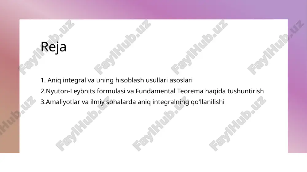 ib, yondashuvlarni tushunishga yordam beradi. analitik yondashuvlar analitik metodlar orqali, masalan, o‘zgaruvchilarni almashtirish yoki qoidalar yordamida, integralni aniq va tez hisoblash mumkin. newton-leybnits formulasi va uning integral hisoblashdagi roli newton-leybnits formulasi integral hisobda roli ilmiy amaliyotdagi ahamiyati bu formulaga ko‘ra, chiziqli funksiyaning integralini hisoblash uchun uning hosilasi va qiymati o‘rtasida bog‘liqlik mavjud. bu, integrallash jarayonini soddalashtiradi va aniq natijalar beradi. newton-leybnits formulasi integralni aniqlashda markaziy rol o‘ynaydi, chunki u funksiyaning o‘zgarishini va chegaralar orasidagi maydonni hisoblab chiqishga imkon beradi. ushbu formuladan foydalanib, fizikada, muhandislikda va iqtisodiyotda muhim miqdorlarni aniqlash uchun integral hisoblash jarayonlari aniq va samarali bo‘ladi. fundamental teorema va uning integrallar nazariyasidagi ahamiyati 1 fundamental teorema - bu teorem integral va differentsial hisoblash o‘rtasidagi bog‘liqlikni ifodalaydi. u integral hisoblashni soddalashtirishda muhim ahamiyatga ega. 2 integral va differentsial o‘rtasida bog‘liqlik - bu teorem, funksiyaning hosilasi va integralining o‘zaro bog‘liqligini tushuntiradi, shuningdek, hisoblash jarayonlarini optimallashtiradi. 3 amaliy qo‘llanmalari - fizika, muhandislik …