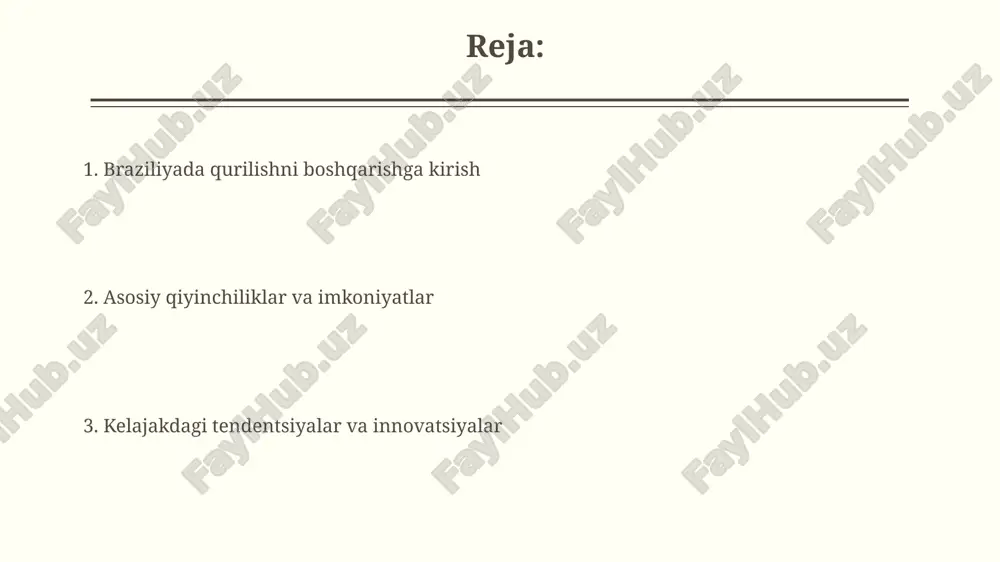 ish menejmenti jarayonlari qurilish menejmenti jarayonlariga loyiha tashabbusini aniqlash, moliyalashtirishni rejalashtirish va 10 ta bilim sohasini (masalan, xarajat, vaqt) muvofiqlashtirish kiradi. qurilish jarayonlarida sifatni nazorat qilish muhim, bu iso 9001 standartlariga muvofiq bo'lishi va 5 bosqichli tekshiruv tizimini o'z ichiga olishi kerak. muammolar va qiyinchiliklar kadrlar yetishmasligi braziliyada qurilish menejmentida jiddiy muammo boʻlib, malakali ishchilarning yetishmasligi loyihalarning 15 foiz kechikishiga sabab boʻladi. logistika va infratuzilma cheklanishlari qurilish materiallarini yetkazib berishda 25 foizga qimmatlashishga olib keladi, bu esa loyihalarning byudjetdan chiqib ketishiga olib keladi. innovatsiyalar va texnologiyalar braziliya qurilishida bim 360 kabi bulutga asoslangan dasturiy ta'minotdan foydalanish loyihalarni boshqarishda, xarajatlarni kamaytirishda va hamkorlikni yaxshilashda muhim rol o'ynaydi. 3d bosib chiqarish texnologiyasi braziliyada arzon uy-joylar qurilishida innovatsion yechim sifatida paydo bo'lmoqda, bu esa qurilish vaqtini qisqartiradi va chiqindilarni kamaytiradi. kelajak istiqbollari va xulosalar brazil qurilish boshqaruvida texnologiya integratsiyasi ortishi kutilmoqda, shu jumladan, bim va raqamli egizaklarni 30% ga kengaytirish orqali loyiha samaradorligini …