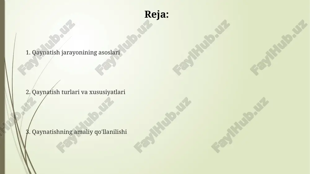 stroq haroratda qaynashga imkon beradi. eritilgan aralashmalar suyuqlikning qaynash nuqtasini o'zgartiradi; masalan, 10% tuz eritmasining qaynash nuqtasi taxminan 100.3 daraja selsiyga ko'tariladi. e'tiboringiz uchun rahmat @taqdimot_robot image1.png