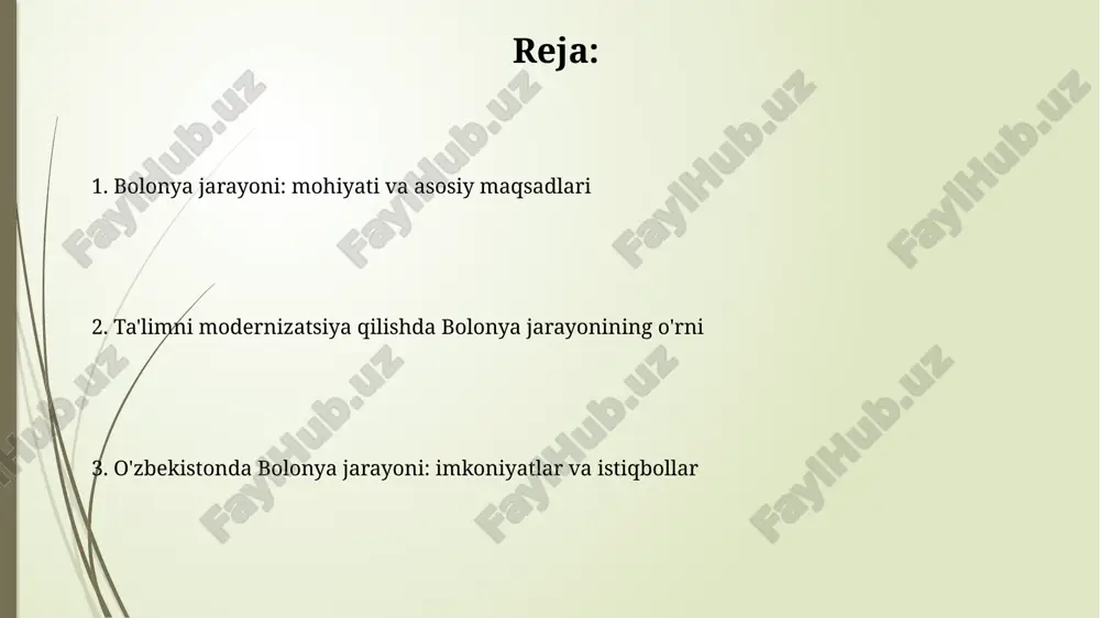 lash muhim o'rin tutadi. ta'lim tuzilmalarining moslashuvi: bakalavriat, magistratura, doktorantura bakalavriat darajasi odatda 3-4 yil davom etadi, talabalarga asosiy bilim va ko'nikmalarni beradi, keyingi bosqichlar uchun zamin yaratadi. magistratura dasturlari bakalavriatdan so'ng 1-2 yil davom etadi, tor sohalarda chuqur bilim va tadqiqot ko'nikmalarini rivojlantirishga qaratilgan. kredit-modul tizimi (ects): o'qish yuklamasini standartlashtirish ects kreditlari talabalarning o'quv yuklamasini 60 kredit bir o'quv yiliga to'g'ri keladigan standartlashtirilgan birliklarda ifodalaydi, bu esa taxminan 1500-1800 soatlik ishni tashkil etadi. kredit-modul tizimi (ects) baholash usullarini muvofiqlashtirishga yordam beradi va baholash shkalasi ko'pincha a-dan f-gacha bo'lgan diapazonda bo'lib, muvaffaqiyat darajasini aniq ko'rsatadi. sifatni ta'minlash: standartlar va akkreditatsiya sifatni ta'minlash standartlari, masalan, enqa standartlari, yevropa oliy ta'lim maydonida muvaffaqiyatli akkreditatsiya uchun asosiy mezonlarni belgilaydi. akkreditatsiya jarayonlari, odatda, o'z-o'zini baholash hisobotlarini va mustaqil ekspertlar tomonidan tashqi baholashni o'z ichiga oladi, 5-7 yillik davriy tsiklda. tan olinish: diplomatik tan olinish va mobillik diplomatik tan olinish yevropa oliy ta'lim hududida mobillikni …