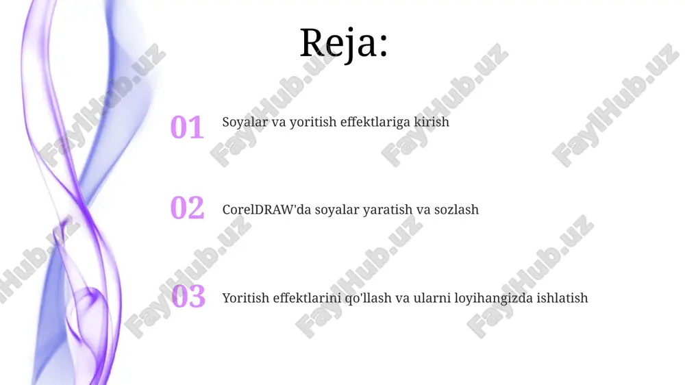 uch o'lchamli ko'rinishini beradi. 3d effektini yaratish uchun x, y offset qiymatlarini sozlang va perspective opsiyasidan foydalaning. coreldrawda perspektiv soyalar 'add perspective' yordamida yaratiladi. bu vosita ob'ektga chuqurlik qo'shib, uni realroq ko'rsatish imkonini beradi, burchaklarni aniq belgilash muhim. soyaning intensivligini 'feathering' parametrida 1 dan 100 gacha o'zgartirish mumkin. katta qiymatlar yumshoqroq soya beradi, kichik qiymatlar esa aniqroq va keskinroq soya hosil qiladi. ichki soyalar yaratish coreldraw ichki soya effektlari uchun feathering funksiyasini taqdim etadi, bu soya qirralarini yumshatib, 1 dan 200 pikselgacha qiymat berish orqali amalga oshiriladi. ichki soyalar ob'ektning ichki qismiga soya berib, 0 dan 100 gacha bo'lgan offset qiymati orqali soya masofasini nazorat qilishingiz mumkin. ichki soya rangini rgb yoki cmyk rang modellari orqali sozlash imkoniyati mavjud, shuningdek, opacity (shaffoflik) darajasini 0% dan 100% gacha o'zgartirish mumkin. yoritish effektlarini qo'llash: bevel effekti bevel effektida 'soft edge' funksiyasi qirralarni yumshatishga yordam beradi, bu esa ko'proq realistik ko'rinish beradi. 'distance' …