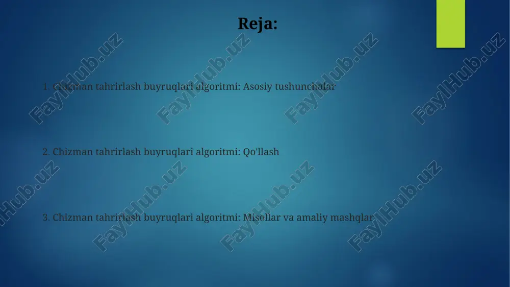 er egri chiziqlari kabi maxsus optimallashtirilgan usullardan foydalanadi va poligonlarni to'ldirish uchun skanerlash algoritmi qo'llanilishi mumkin. e'tiboringiz uchun rahmat @taqdimot_robot image1.png image2.png image3.png image4.png