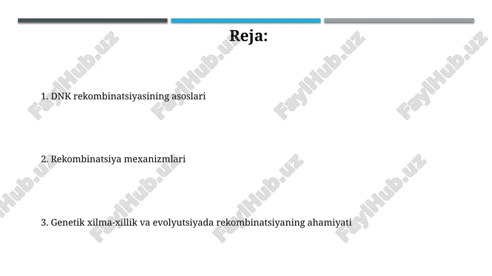 a kirib, xolli birikmasini hosil qiladi. ushbu tuzilma migratsiyalash va rekombinatsiya nuqtasini o'zgartirishi mumkin. dnk sinishi va qayta biriktirilishi dnk sinishi va qayta biriktirilishi gomologik rekombinatsiya orqali xromosomadagi 1000 dan ortiq asos juftlarini almashinuvini ta'minlab, genetik xilma-xillikni oshiradi. transpozonlar dnk ketma-ketligining 1-10 kilobaza o'lchamidagi qismlari bo'lib, dnk sinishi va qayta biriktirilishi orqali genom bo'ylab harakatlanib, gen ekspressiyasiga ta'sir etadi. hollidey birikmasi hollidey birikmasi dnk rekombinatsiyasining muhim bosqichidir, bunda ikki xil dnk molekulasi o'rtasida to'rtta iplidan iborat tuzilma hosil bo'ladi va bu iplar almashinuvini ta'minlaydi. hollidey birikmasi ko'chishi rekombinatsiya mahsulotlarining tuzilishini belgilaydi, ya'ni rekombinatsiya nuqtasidan uzoqlashishi dnk molekulalarida genetik materialning qanday o'zgarishiga olib keladi. gen konversiyasi gen konversiyasi – bu geterodupleks dnkni tuzatish jarayonida bir allelning boshqa allelga yo'naltirilgan, noqonuniy o'zgarishi; 5:3 nisbatda bo'lishi mumkin. dnk replikatsiyasi xatolarini tuzatishda gen konversiyasi muhim rol o'ynaydi, bunda noto'g'ri qo'shilgan nukleotidlar yo'q qilinadi va genom barqarorligi saqlanadi. noqonuniy rekombinatsiya noqonuniy rekombinatsiya homologik ketma-ketlik talab …