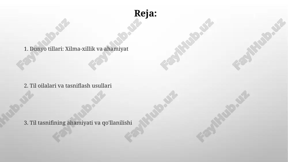 qiy osiyoda geografik jihatdan joylashgan. bu oila ikkita asosiy tarmoqqa boʻlinadi: sinit (xitoy tillari) va tibet-burma tillari, bu filogenetik munosabatlarni aks ettiruvchi muhim ajralishdir. afro-osiyo tillari oilasi afroosiyo tillari oilasi taxminan 300 ta tilni o'z ichiga oladi, ular orasida arab, ivrit va somali tillari keng tarqalgan bo'lib, 500 milliondan ortiq so'zlashuvchiga ega. ushbu oila 6 ta asosiy tarmoqqa bo'linadi: semit, misr, berber, kushit, omotik va chod tillari, ularning har biri o'ziga xos fonologik va morfologik xususiyatlarga ega. avstroneziya tillari oilasi avstroneziya tillari oilasiga taxminan 1,268 ta til kiradi va ular asosan janubi-sharqiy osiyo, tinch okeani va madagaskarda tarqalgan, bu hududda katta lingvistik xilma-xillikni namoyish etadi. ushbu oila filippin, indonez, malay, maori va gavayi kabi tillarni o'z ichiga oladi, ularning grammatik tuzilishi va fonetik xususiyatlari, jumladan vso tartibi va reduplikatsiya kabi xususiyatlar mavjud. dravid tillari oilasi dravid tillari oilasi tarkibiga 26 ta til kiradi, ular asosan janubiy osiyoda, xususan hindistonning janubiy …