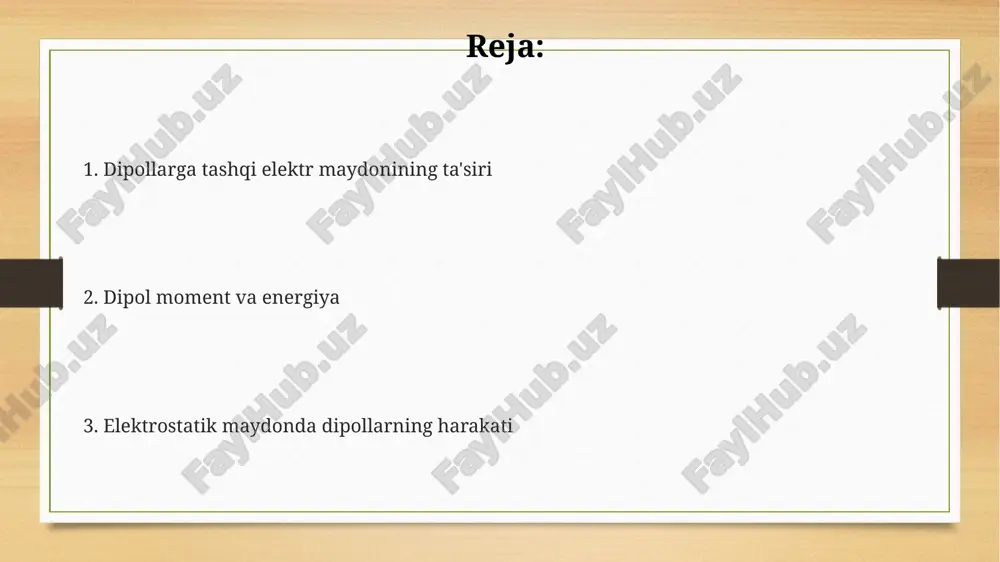 nida dipolning harakati dipol momentining p vektori bilan e maydon vektori orasidagi burchakka bog'liq bo'lgan burilish momentini keltirib chiqaradi, bu moment τ = p × e formula bilan ifodalanadi. dipol elektr maydon yo'nalishiga moslashganda, potensial energiya u = -p ⋅ e minimal qiymatga ega bo'ladi, bu esa dipolning barqaror holatiga mos keladi va energiyaning kamayishini ko'rsatadi. e'tiboringiz uchun rahmat @taqdimot_robot image7.png image3.png image4.png