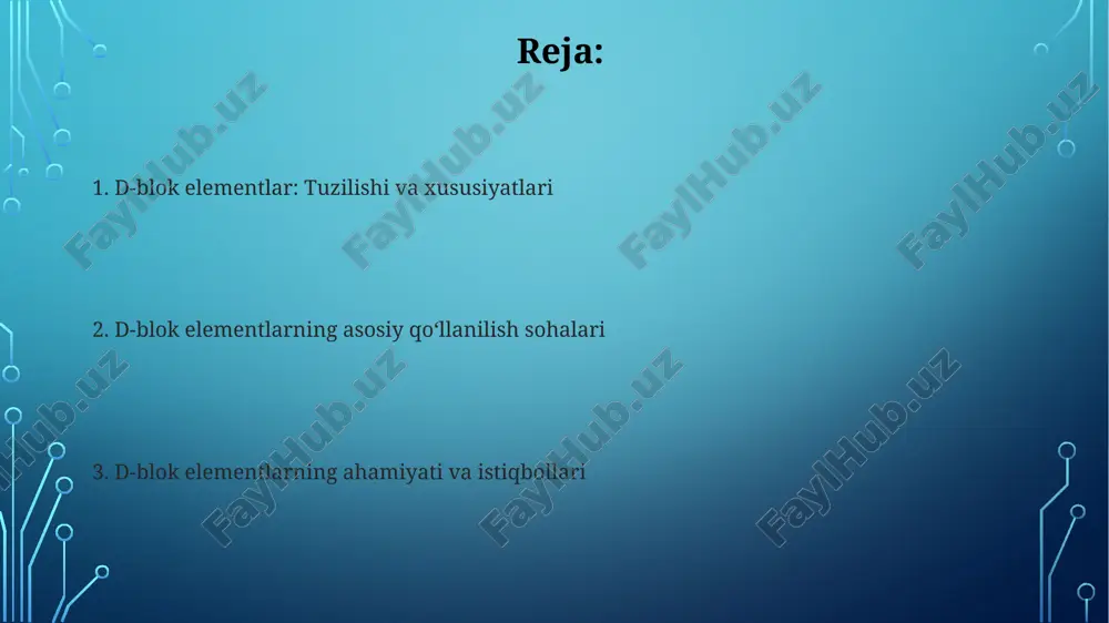 samolyotlarning 40% gacha massasini tashkil qilishi mumkin. temir katalizator sifatida haber-bosch jarayonida ammiak ishlab chiqarishda hal qiluvchi rol o'ynaydi, bu esa global o'g'it ishlab chiqarishning 80% dan ortig'ini ta'minlaydi. biologik ahamiyati temir (fe) gemoglobin tarkibida kislorodni tashishda muhim rol o'ynaydi, 4 ta kislorod molekulasini bog'laydi va hujayralarga yetkazib beradi, hayotiy faoliyat uchun zarur. sink (zn) ko'plab fermentlarning tarkibiy qismi bo'lib, 300 dan ortiq fermentativ reaksiyalarda qatnashadi, immunitet tizimi va dnk sintezida muhim ahamiyatga ega. kelajakdagi istiqbollari d-blok elementlar nanotexnologiyada keng qo'llanilishi mumkin, masalan, katalizator sifatida ishlatiladigan 1-100 nm o'lchamdagi nanomateriallar yaratish uchun, reaksiya samaradorligini oshirish orqali sanoat jarayonlarida ahamiyatli bo'lishi mumkin. energetika sohasida, kelajakda d-blok elementlaridan energiya saqlash qurilmalarini yaratishda foydalanish mumkin, masalan, yuqori samaradorlikka ega litiy-ionli batareyalar yoki 2+ valentlikdagi metall-havo batareyalari ishlab chiqarish imkoniyati mavjud. e'tiboringiz uchun rahmat image4.jpg image5.jpg image6.jpg image7.jpg image8.jpg image9.jpg image10.jpg image1.png