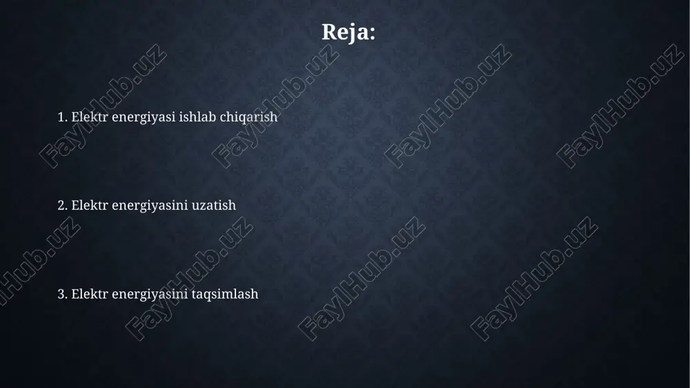 ar podstansiyalar elektr energiyasini yuqori kuchlanishdan (masalan, 220 kv) pastroq kuchlanishga (masalan, 10 kv) aylantirib, iste'molchilar uchun xavfsiz va foydalanishga qulay bo'lishini ta'minlaydi. transformatorlar elektromagnit induksiya yordamida kuchlanishni o'zgartiradi, energiyani yo'qotmasdan kuchlanishni oshiradi yoki kamaytiradi, bu esa samarali elektr uzatish uchun muhim ahamiyatga ega. elektr energiyasini taqsimlash tarmoqlari elektr energiyasini taqsimlash tarmoqlari odatda 0.4 kv dan 35 kv gacha bo'lgan kuchlanishlarda ishlaydi, transformator podstansiyalari esa kuchlanishni iste'molchilar talablariga moslashtiradi. tarmoqlar radial, halqasimon yoki to'rsimon tuzilishga ega bo'lishi mumkin; halqasimon tarmoqlar ishonchlilikni oshiradi, chunki ular elektr ta'minotining bir nechta yo'llarini ta'minlaydi. elektr energiyasi iste'molchilarga yetkazilishi elektr energiyasi iste'molchilarga 220v yoki 380v kuchlanishli past kuchlanishli tarmoqlar orqali yetkaziladi, bu transformator podstansiyalarida yuqori kuchlanishni pasaytirish orqali ta'minlanadi. o'zbekistonda elektr energiyasini iste'molchilarga yetkazishda 0,4 kv li havo va kabel liniyalari keng qo'llaniladi, ularning uzunligi esa mintaqaga qarab o'zgaradi. tarmoqni boshqarish va monitoring tarmoqni boshqarish real vaqtda monitoring orqali amalga oshiriladi, jumladan, kuchlanish darajasi, oqim …