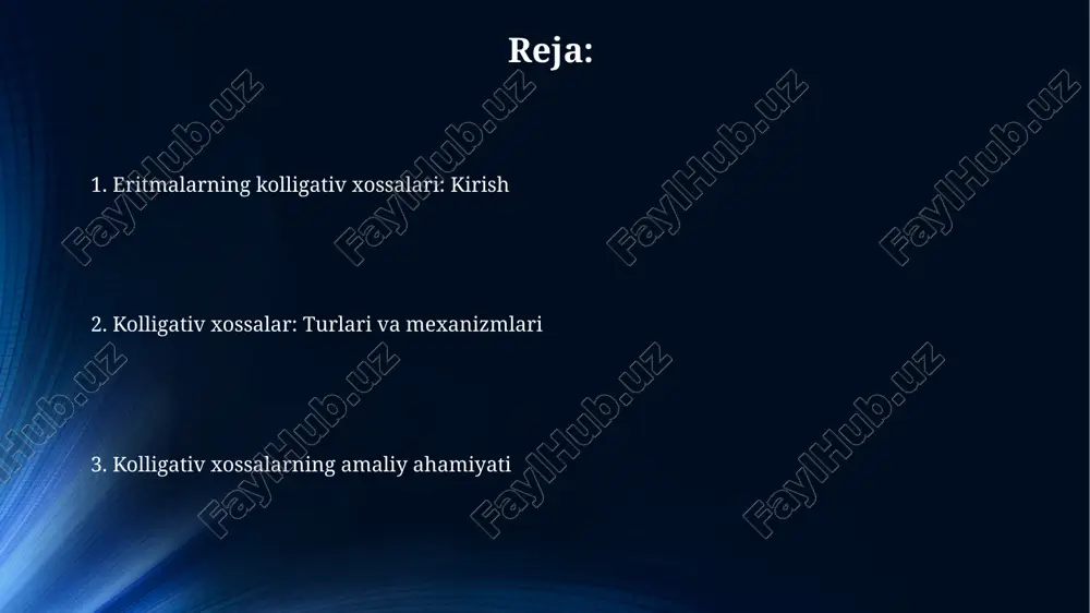 ng 50% eritmasi muzlash nuqtasini sezilarli darajada pasaytiradi, bu avtomobil radiatorlarini -37 °c gacha bo'lgan haroratlarda muzlashdan himoya qiladi va dvigatelning shikastlanishini oldini oladi. tibbiyotda, osmotik bosimdan foydalanish intravenöz suyuqliklarni (masalan, 0.9% nacl eritmasi) tayyorlashda muhim, bu hujayralar ichidagi va tashqarisidagi osmotik muvozanatni saqlashga yordam beradi. e'tiboringiz uchun rahmat @taqdimot_robot image5.png image4.jpeg