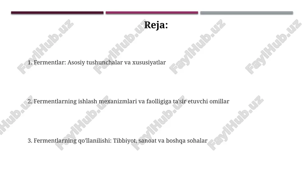tirishda qo'llaniladi, bu esa mahsulot sifatini oshiradi. tibbiyotda fermentlar diagnostika uchun (qondagi ferment darajasini aniqlash), terapevtik maqsadlarda (ovqat hazm qilishni yaxshilash) va genetik muhandislikda dnkni kesish va biriktirish uchun ishlatiladi. e'tiboringiz uchun rahmat @taqdimot_robot image1.png