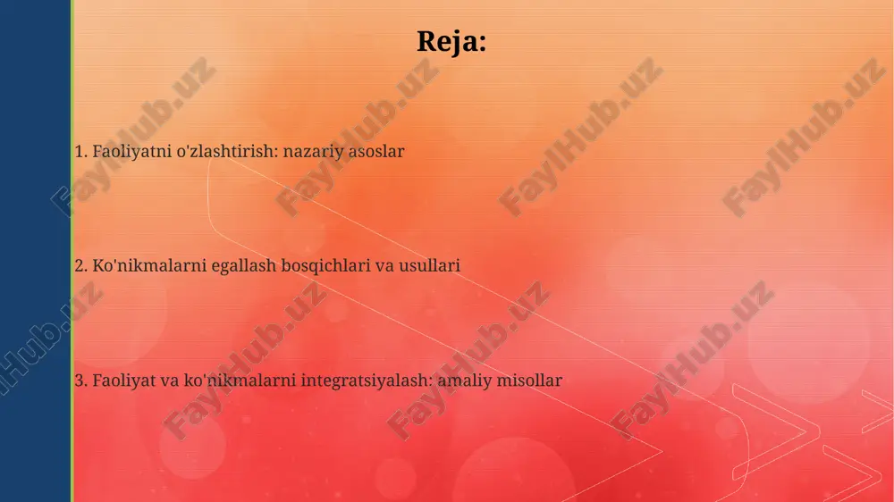 lan, o'zlashtirish tezligini oshiradi. ma'lumotni qismlarga ajrating, har bir qismni 15-25 daqiqa o'rganing, so'ngra 5 daqiqa dam oling va takrorlang, bu xotirani mustahkamlaydi va o'zlashtirishni yaxshilaydi. e'tiboringiz uchun rahmat @taqdimot_robot image4.png image1.png image2.png