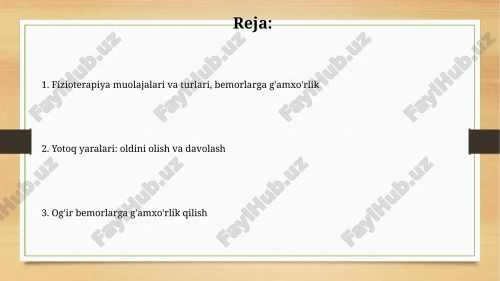 at kontseptsiyasi erta neyromotor rivojlanishni rag'batlantirish uchun ishlatiladi, ayniqsa serebral falaj bo'lgan bolalarda, 5 dan 15 marta takrorlash bilan. ortopedik kasalliklarda fizioterapiya ortopedik kasalliklarda fizioterapiya og'riqni kamaytirish, harakat diapazonini oshirish uchun elektroterapiya va issiqlik terapiyasini o'z ichiga oladi. reabilitatsiya jarayonida terapevtik mashqlar qo'llaniladi, ular mushak kuchini tiklash va bo'g'imlarning barqarorligini ta'minlashga yordam beradi. kardiopulmoner fizioterapiya kardiopulmoner fizioterapiya nafas olish tezligini minutiga 12-20 martagacha normallashtirishni maqsad qiladi va bronxial drenaj texnikasini o'z ichiga oladi. o'pka reabilitatsiyasi 6 hafta davomida mashqlar, maslahatlar va ta'lim orqali 15-20% funksional yaxshilanishga olib kelishi mumkin. geriatrik fizioterapiya geriatrik fizioterapiya muvozanatni yaxshilashga qaratilgan mashqlarni o'z ichiga oladi, bu esa keksa bemorlarda yiqilish xavfini kamaytiradi va mustaqillikni oshiradi. osteoartrit kabi surunkali og'riqni boshqarish geriatrik fizioterapining muhim qismidir, bu esa og'riqni kamaytirish va funksionallikni yaxshilash uchun turli usullarni qo'llaydi. bemorga g'amxo'rlik qoidalari bemorlarga g'amxo'rlik qilishda 30 graduslik burchak ostida yotqizish, bosimni kamaytirish va qon aylanishini yaxshilash orqali yotoq yaralarining …