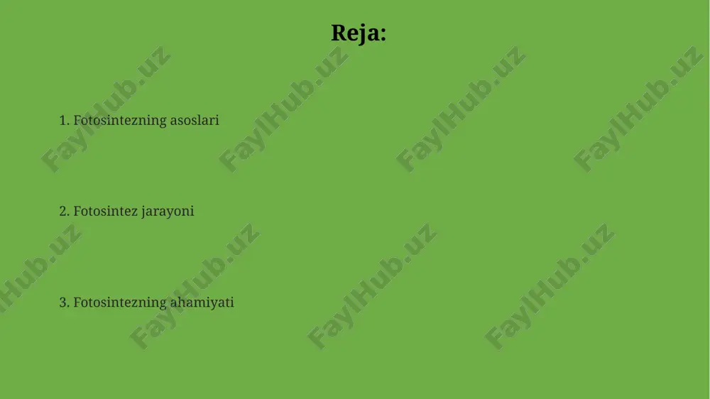 ladi; optimal qiymatlardan yuqori bo'lgan haddan tashqari yorug'lik, fotoni buzilishiga olib kelishi mumkin, bu esa fotosintezni kamaytiradi. harorat fotosintez uchun juda muhim, chunki u fermentlarning faolligini boshqaradi; taxminan 25-30 ° c optimal diapazon bo'lib, undan yuqoriroq ko'tarilish fermentlarning denaturatsiyasiga olib keladi. e'tiboringiz uchun rahmat @taqdimot_robot image1.png