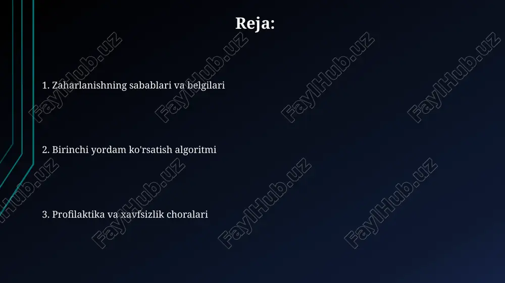matlar kuchayishi mumkin. xavfsizlik choralari: o'zingizni himoya qiling nafas olishda zaharlanish xavfini kamaytirish uchun, voqea joyiga yaqinlashishdan oldin doimo shaxsiy himoya vositalaridan, masalan, n-95 respiratorlardan foydalaning. jabrlanuvchiga yordam berishdan oldin, joy xavfsizligiga ishonch hosil qiling. agar zahar manbai ochiq bo'lsa, 10 metrdan yaqinlashmang va mutaxassislarga murojaat qiling. baxtsiz hodisa joyida o'zingizni himoya qilish uchun kamida ikki kishi bo'ling. aloqa uchun mobil telefon va shoshilinch yordam ko'rsatish rejasini tuzing. zaharlangan shaxsni xavfsiz joyga ko'chirish zarar ko'rgan odamni shamollatiladigan joyga olib boring, masalan, ochiq havoga yoki katta xonaga. xonaning optimal harorati 20-25 daraja bo'lishi kerak. zaharlangan shaxsni ko'chirishda o'zingizning xavfsizligingizni ta'minlang: gaz maskasi yoki niqob kiying, agar imkoni bo'lsa, 10-15 daqiqa davomida nafas olishni cheklang. zaharli moddadan xavfsiz masofani saqlang. masofa kamida 5-10 metr bo'lishi kerak, toksinlar konsentratsiyasini kamaytirish uchun. birinchi yordam ko'rsatish algoritmi agar jabrlanuvchi nafas olmayotgan bo'lsa, yurak-o'pka reanimatsiyasi (yor)ni boshlang: 30 marta ko'krak qafasini bosish va 2 marta sun'iy …