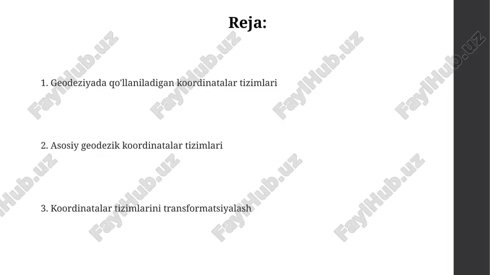 ishni talab etadi. bu aniq kartografiya va joylashuv aniqligini ta'minlash uchun zarurdir. koordinatalar tizimlarini o'zgartirish geodezik ishlarda muhim, chunki turli ma'lumotlar bazalarini birlashtirish imkonini beradi, masalan, utm koordinatalaridan geografik koordinatalarga o'tishda. geodezik muammolarni hal qilishda turli koordinatalar tizimlari talab etiladi. gelmert transformatsiyasi 7 parametr yordamida uch o'lchovli dekart koordinatalarini o'zgartiradi va aniqlikni oshiradi. e'tiboringiz uchun rahmat @taqdimot_robot image1.png