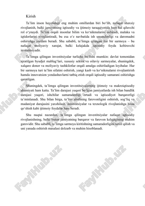 va texnologik rivojlanishga hissa qo‘shish kabi ijtimoiy foydalar ham beradi. shu nuqtai nazardan, ta’limga qilingan investitsiyalar nafaqat iqtisodiy rivojlanishning, balki butun jamiyatning barqaror va farovon kelajagining muhim garovidir. shu sababli, ta’limga sarmoya kiritishning samaradorligini tahlil qilish va uni yanada oshirish masalasi dolzarb va muhim hisoblanadi. 1 ta’lim va uning jamiyatdagi o‘rni, ta’limga investitsiya tushunchasi, ta’limning iqtisodiy samarasi haqidagi umumiy fikrlar ta’lim inson hayotidagi eng asosiy va muhim jarayonlardan biri hisoblanadi. u shaxsning bilim, ko‘nikma va malakalarini shakllantirish, ijtimoiy va madaniy rivojlanishga hissa qo‘shish, shuningdek, jamiyatning iqtisodiy barqarorligi va taraqqiyoti uchun asosiy omil sifatida qaraladi. tarixan qaraganda, har bir jamiyat o‘z rivojlanish darajasini va farovonligini aholining ta’lim darajasi bilan bevosita bog‘lagan. yuqori malakali va bilimli inson kapitali esa ishlab chiqarish, innovatsiyalar va texnologik rivojlanishning asosiy dvigateli hisoblanadi. shu bois, ta’lim nafaqat shaxsiy rivojlanish vositasi, balki mamlakatning iqtisodiy va ijtimoiy taraqqiyotini belgilovchi muhim resursdir. jamiyatdagi ta’limning o‘rni bir necha jihatdan ifodalanadi. birinchidan, …