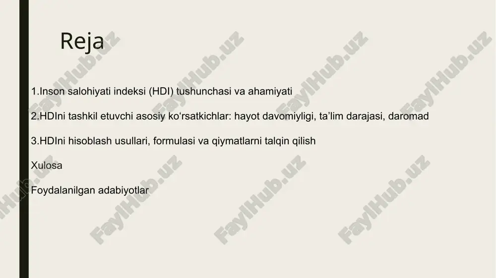 arning qanchalik muhim ekanligini namoyon qiladi. hdi nafaqat mamlakat ichidagi rivojlanishni baholashga, balki mamlakatlarni bir-biri bilan xalqaro miqyosda solishtirishga ham yordam beradi. masalan, yuqori hdi qiymatiga ega davlatlar aholining umumiy farovonligi yuqori, ta’lim va sog‘liq ko‘rsatkichlari yaxshi ekanligini bildiradi. shu bilan birga, hdi mamlakatlar uchun siyosiy qarorlar qabul qilishda ham muhim ko‘rsatkich hisoblanadi: bu indeks asosida sog‘liqni saqlash, ta’lim va iqtisodiy rivojlanish sohalarida qanday chora-tadbirlar ko‘rish kerakligi aniqlanadi. 2.hdini tashkil etuvchi asosiy ko‘rsatkichlar: hayot davomiyligi, ta’lim darajasi, daromad hdini tashkil etuvchi asosiy ko‘rsatkichlar uchta bo‘lib, ular hayot davomiyligi, ta’lim darajasi va daromadni o‘z ichiga oladi. hayot davomiyligi ko‘rsatkichi mamlakat aholisi o‘rtacha qancha yil yashashini ifodalaydi va sog‘liqni saqlash tizimi, ovqatlanish sifati, sanitariya va yashash sharoitlari bilan bevosita bog‘liq. hayot davomiyligi indeksi odamlarning sog‘liq salohiyatini va hayot sifatini ko‘rsatadi. hayot davomiyligi yuqori bo‘lgan mamlakatlarda sog‘liqni saqlash tizimi samarali ishlaydi, bolalar o‘limi past va yashash sharoitlari yaxshi ekanligi namoyon bo‘ladi. ta’lim darajasi …