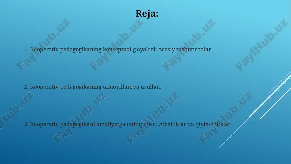 ishda va guruh maqsadlariga erishishda 50-50 hissa qo'shadi, boshqa a'zolarni qo'llab-quvvatlaydi. hamkorlik ta'limida o'quvchi 70% bilim olish, 20% mustaqil fikrlash va 10% muammolarni hal qilish orqali faol o'rganish pozitsiyasini egallaydi. hamkorlikda o'qitish usullari va texnikalari “arra zanjiri” usuli 4-5 kishilik guruhlarda o’quv materialini bo’lish va har bir a’zo o’z qismini o’rganib, keyin guruhga o’rgatish orqali o’zlashtirishni rag’batlantiradi. “bumerang” texnikasi talabalarga yangi ma’lumotni taqdim etish, so’ngra ekspert guruhlarida muhokama qilish va yakuniy xulosani sinfga taqdim etishni o’z ichiga oladi, bu 3 bosqichdan iborat jarayondir. guruhlarda ishlashning afzalliklari va kamchiliklari guruh ishi ko'pincha turli xil fikrlar va yondashuvlarni birlashtirib, 1+1=3 tamoyili asosida ijodiy echimlarni topishga yordam beradi. bu esa, 15% dan 20% gacha muvaffaqiyatni oshirishi mumkin. kamchiliklar orasida ba'zan 'bepul yo'lovchi' effekti kuzatiladi, unda 20% gacha a'zolar guruhning umumiy yukini ko'tarishda faol ishtirok etmaydi, bu esa samaradorlikni pasaytiradi. hamkorlik ta'limida baholash mezonlari hamkorlik taʼlimida baholash mezonlari talabalarning 70% umumiy topshiriqni tushunishini, 20% …