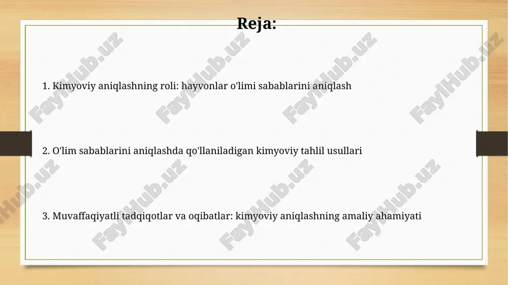 aolligini buzib, hujayralar o'limiga olib kelishi mumkin. kadmiy (cd) zaharlanishi hayvonlarda buyrak shikastlanishiga sabab bo'lishi mumkin, chunki kadmiy buyrak to'qimalarida to'planib, ularning tuzilishini buzadi. veterinariya preparatlari qoldiqlari veterinariya preparatlari qoldiqlari hayvon toʻqimalarida 10 mkg/kg dan oshib ketsa, bu qoldiqlarning toksik taʼsiri sababli oʻlimga olib kelishi mumkin. antibiotiklar, masalan, tetratsiklinlar, veterinariya preparatlari qoldiqlari sifatida aniqlansa, bu hayvonlarda allergik reaksiyalar va ichak mikroflorasining buzilishiga olib keladi. botulizm toksinini aniqlash botulizm toksinini aniqlashda sichqon bioassay usuli qo'llaniladi, unda sichqonlarga namunalar kiritiladi va 12-72 soat ichida botulizmga xos falaj alomatlari kuzatiladi. elisa (enzim bilan bog'langan immunosorbent tahlil) botulizm toksinini aniqlash uchun ishlatiladigan serologik usuldir, u toksinning mavjudligini aniqlash uchun antitelolardan foydalanadi. o'simlik toksinlari o'simlik toksinlari hayvonlarning o'limiga sabab bo'lishi mumkin, masalan, zaharli o'simliklardagi alkaloidlar yoki glikozidlar, ularning konsentratsiyasi 0.05-0.5 mg/kg vaznida xavfli bo'lishi mumkin. nitratlar (no3-) kabi o'simlik toksinlari hayvonlarda methemoglobinemiyaga olib kelishi mumkin. bunda qonda kislorod tashish qobiliyati kamayadi, ayniqsa, 10-20 ppm konsentratsiyada …