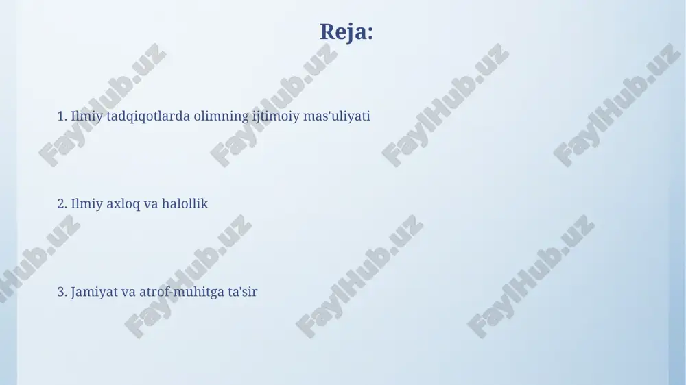 rga rioya qilib, tadqiqotlar takrorlanishi uchun yetarli ma'lumotlar taqdim etish mas'uliyati juda muhimdir. ilmiy natijalarni tarqatish, shu jumladan 5 yil ichida nashr etilgan ma'lumotlar, jamiyat manfaati uchun ochiq va tushunarli bo'lishi kerak. jamiyatga ta'sirni hisobga olish ilmiy tadqiqotlar natijalari jamiyatga ta'sir qilishini baholash, salbiy oqibatlarni kamaytirish uchun 20% gacha resurs ajratish va tegishli xavfni boshqarish strategiyalarini ishlab chiqish kerak. ilmiy tadqiqotlar natijasida paydo bo'ladigan axloqiy dilemmalarni tushunish va hal qilish uchun ekspertlar bilan maslahatlashish, shuningdek, jamoatchilik fikrini inobatga olish muhim ahamiyatga ega, bu 35% gacha qarorlarga ta'sir qilishi mumkin. fan va siyosat o'rtasidagi munosabatlar fan siyosati ilmiy tadqiqot ustuvorliklarini belgilaydi, 20% mablag' ajratilishini ta'minlaydi, natijalarni baholaydi va ilmiy axloq normalarini o'rnatadi. siyosat fan natijalaridan foydalanib, iqtisodiy o'sishni 15% ga oshirish, sog'liqni saqlashni yaxshilash, 1990-yildan boshlab mudofaa strategiyalarini ishlab chiqish uchun dalillarga asoslangan siyosatni yaratadi. mas'uliyatli tadqiqot uchun ta'lim va trening mas'uliyatli tadqiqot treningi etika kodekslari va tamoyillarini o'z ichiga oladi, …