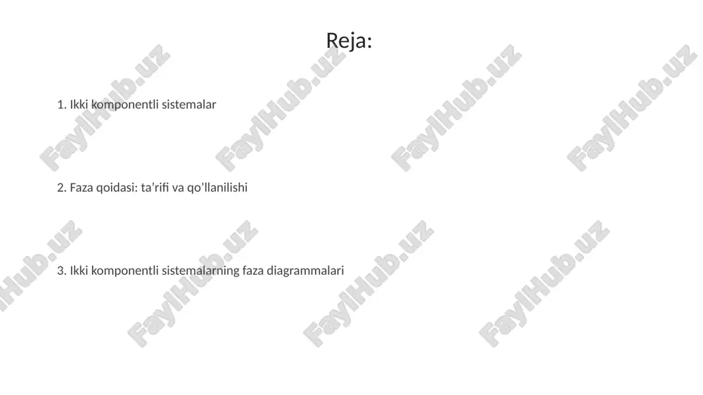 faza diagrammalari metall qotishmalari kabi murakkab materiallarning fazaviy barqarorligini harorat va tarkibning funktsiyasi sifatida ko'rsatadi, bu esa material xususiyatlarini optimallashtirish imkonini beradi. e'tiboringiz uchun rahmat @taqdimot_robot image3.png image1.jpeg image2.jpeg