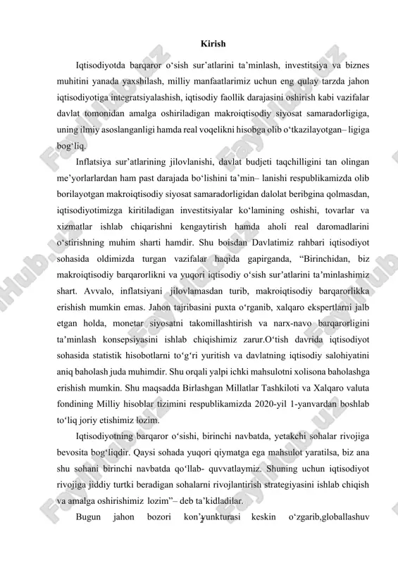 -yil 1-yanvardan boshlab toʻliq joriy etishimiz lozim. iqtisodiyotning barqaror oʻsishi, birinchi navbatda, yetakchi sohalar rivojiga bevosita bogʻliqdir. qaysi sohada yuqori qiymatga ega mahsulot yaratilsa, biz ana shu sohani birinchi navbatda qoʻllab- quvvatlaymiz. shuning uchun iqtisodiyot rivojiga jiddiy turtki beradigan sohalarni rivojlantirish strategiyasini ishlab chiqish va amalga oshirishimiz lozim”– deb ta’kidladilar. bugun jahon bozori kon’yunkturasi keskin o‘zgarib,globallashuv sharoitida raqobat tobora kuchayib bormoqda. ana shunday murakkab vaziyat davlatimizni yanada barqaror va jadal sur’atlar bilan rivojlantirish uchun mutlaqo yangicha yondashuv hamda tamoyillarni ishlab chiqib, amalga oshirishni taqozo etayotir. o‘zbekiston respublikasini yanada rivojlantirish bo‘yicha harakatlar strategiyasi6da milliy iqtisodiyotni jadal rivojlantirish va liberallashtirishda eng dolzarb masalalar yechimi yuzasidan aniq vazifalarning belgilab berilgani bu borada hal qiluvchi ahamiyatga ega. bunda asosiy maqsad – mamlakatimizda makroiqtisodiy barqarorlikni yanada mustahkamlash va yuqori iqtisodiy o‘sish sur’atlarini saqlab qolish, tarkibiy o‘zgartirishlarni chuqurlashtirish, milliy iqtisodiyotning yetakchi tarmoqlarini modernizatsiya va diversifikatsiya qilish hisobiga uning raqobatbardoshligini oshirishga erishishdan iborat. qishloq xo‘jaligini modernizatsiya qilish …