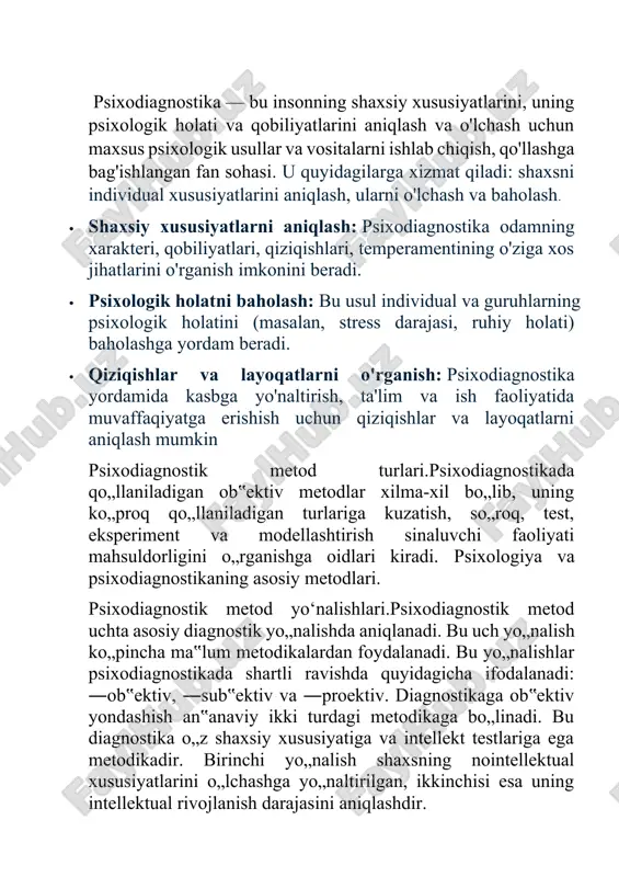 arajasi intellektning ko„p sonli testlaridan iboratdir (umumiy qobiliyat testlari). shaxs metodikasini shartli ravishda ―ta‟sir qilish testlari (―maqsadli shaxsiy testlar) va ―vaziyatli testlarga bo„lish mumkin. maqsadli shaxsiy testlar ko„proq tarqalgan – bu har xil persevtiv testlar, masalan, niqoblangan figuralarni topish. vaziyatli testlarda sinaluvchi hayotda sodir bo„ladigan o„xshash vaziyatga joylanadi. nihoyat ob‟ektiv yo„nalishda yana ikkita asosiy test guruhlari paydo bo„ladi: 1. alohida qobiliyat testlari (intellektning ayrim tomonlarini rivojlantirish darajasini o„lchash). 2. muvaffaqiyatga erishilgan testlar. ular shaxsning ilmiy qobiliyatining darajasini ko’rsatadi. sub‟ektiv yo„nalish ko’p sonli savollardan iborat. bu keng tarqalgan diagnostik qo„llanmalar shaxsiy, holat va kayfiyat, shuningdek mulohaza va savol anketalariga bo„linadi. har bir yo„nalishning ichidan bir-biriga o„xshash, yaqin metodikalarni ajratish mumkin. har xil diagnostik yo„nalishlar orasida o„tib bo„lmas chegaralar yo’q va bo„lishi mumkin emas. klassifikatsiyamizning maqsadi ro’yxatni to’ldirish emas, balki hozirgi paytda eng muhim va dolzarb bo’lgan oddiy va qonuniy chizmani topishdir. psixodiagnostik metodlarning umumiy chizmasi. psixodiagnostikaning barcha metodlari psixologiyaning turli sohalarida …