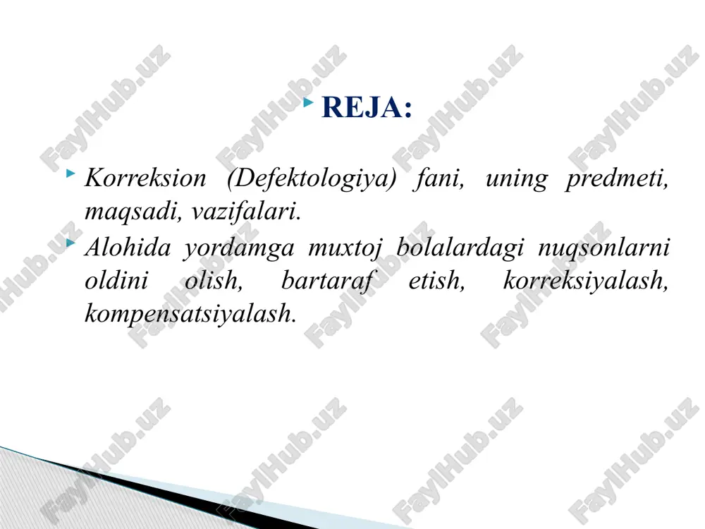 necha bo‘limida ta’lim berila boshlandi defektologiya fanining rivojlanishi natijasida undan quyidagi tarmoqlar mustaqil fan sifatida ajralib chiqdi: surdopsixologiya (lotincha “surdus” — kar, gung so`zidan olingan) — eshitish qobiliyati zaif bolalarning ta’lim-tarbiyasi bilan shug‘ullanadigan fan; tiflopsixologiya (yunoncha “tiflos” — ko`r, so`qir so`zidan olingan) — ko`rish qobiliyati zaif bolalarning ta’lim-tarbiyasi bilan shug‘ullanadigan fan; oligofrenopsixologiya (yunoncha “oligos” — kam, fren — aql), so`zlaridan olingan, — aqliy tomondan zaif bolalarning ta’lim-tarbiyasi bilan shug‘ullanadigan fan; logopediya (yunoncha “logos” — so`z, padeo — tarbiya so`zlaridan olingan) — og‘ir nutq nuqsonlarini o`rganish, oldini olish, bartaraf etish yo‘llari, usullarini o`rganadigan fan. defektologiya fanida maxsus yordamga muxtoj - anomal bolalarning turli xil toifalari ustida ish olib boriladi. ular quyidagilardir: 1) eshitish kamchiliklariga ega bo‘lgan bolalar (tug‘ilishdan kar, zaif eshituvchi bolalar'', keyinchalik zaif eshituvchi bo‘lib qolgan bolalar); 2) ko`rish qobiliyati zaif (ko`r, zaif ko`ruvchi bolalar); 3) oligofren (debil, imbetsil, idiot bolalar); 4) og‘ir nutqiy nuqsonlari bor bolalar; 5) harakat-tayanch a’zolarida …
