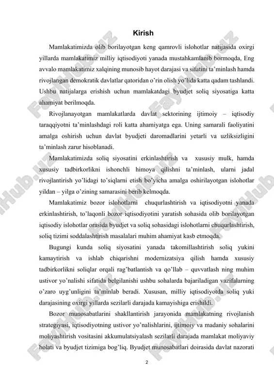 belgilanishi ushbu sohalarda bajariladigan vazifalarning o’zaro uyg’unligini ta’minlab beradi. xususan, milliy iqtisodiyotda soliq yuki darajasining oxirgi yillarda sezilarli darajada kamayishiga erishildi. bozor munosabatlarini shakllantirish jarayonida mamlakatning rivojlanish strategiyasi, iqtisodiyotning ustivor yo’nalishlarini, ijtimoiy va madaniy sohalarini moliyashtirish vositasini akkumulatsiyalash sezilarli darajada mamlakat moliyaviy holati va byudjet tizimiga bog’liq. byudjet munosabatlari doirasida davlat nazorati barqaror byudjet faoliyatiga erishish uchun samarali soliq siyosati olib borilishini taqozo qiladi. mamlakatimiz ham o’zining iqtisodiy rivojlanish statusi va ijtimoiy – iqtisodiy yuksalish strategiyasini aniqlab olgan va kuchli moliyaviy siyosat orqali soliq siyosatini yuritish hamda ta’minlashga asosiy ustuvor vazifa sifatida qaramoqda. soliq tizimini optimallashtirish yo’larini ishkab chiqishda mamlakatda soliq munosabatlaring shakllantish holatini ham muhim rol o’ynaydi. bozor iqtisodiyotiga tobora moslashib borayotgan respublikamiz uchun soliq munosabtlari o’ziga xos tartibda, aytish mumkimki biroz murakkab shakllanib bormoqda. bugungi kunda respublikamizda soliq tizimi vositasida iqtisodiyotni tartibga solishning asosiy yo’llaridan biri bu soliqlarning fiskallgini oshirish emas, balki soliq to’lovchilar sonini ko’paytirishga va ularning …