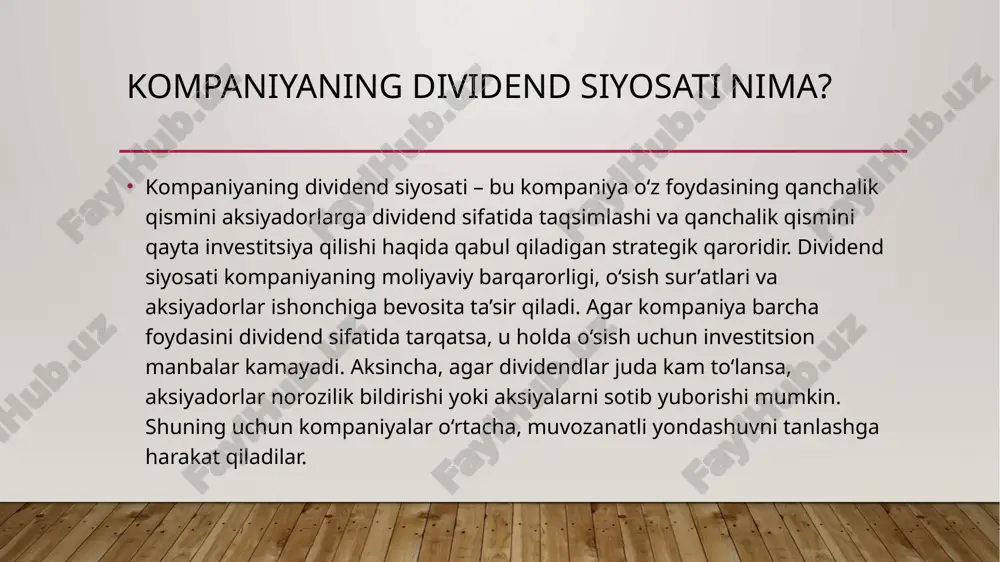 malari hisoblanadi. shuningdek, kompaniyaning bozor imiji ham muhimdir, chunki barqaror va ishonchli dividend siyosati investorlar e’tiborini jalb etadi va aksiyalar qiymatini oshiradi. shu sababli dividend siyosati har bir kompaniya uchun strategik ahamiyatga ega bo‘lib, uning uzoq muddatli rivojlanish rejalari bilan chambarchas bog‘liqdir. divided o’zi nima? taqsimlangan xissa – dividend massasi, aksiyalarning nominal qiymatlariga ko’ra foizlarda ifodalangan daromad esa – dividend stavkasi deyiladi. dividend miqdori oddiy aksiyalar uchun jamiyatning shu yilgi sof foydasiga bog’liq, imtiyozli aksiyalar paketiga esa aksiya nominal qiymatidan qat’iy foiz stavkasi miqdoridan oldin belgilab beriladi. eng yuqori dividend olinganda ba’zan ularning bir qismi korxonaning qo’shimcha bepul chiqarilgan aksiya ko’rinishida ham berilishi mumkin. aksiyadorlar kompaniyadan qancha katta ulushga ega bo’lsalar shuncha ko’p daromad topadilar. dividend bir yilda bir marta to’lanadi. dividend siyosati dividend siyosati – har bir korxona o’zining moliyaviy jarayonlarini olib borish tadbirlari majmuasi. bu bilan korxona foaliyatiga baho berish mumkin. jiddiy masalalar yuzasidan yig’ilishning ilk kunidayoq e’lon …