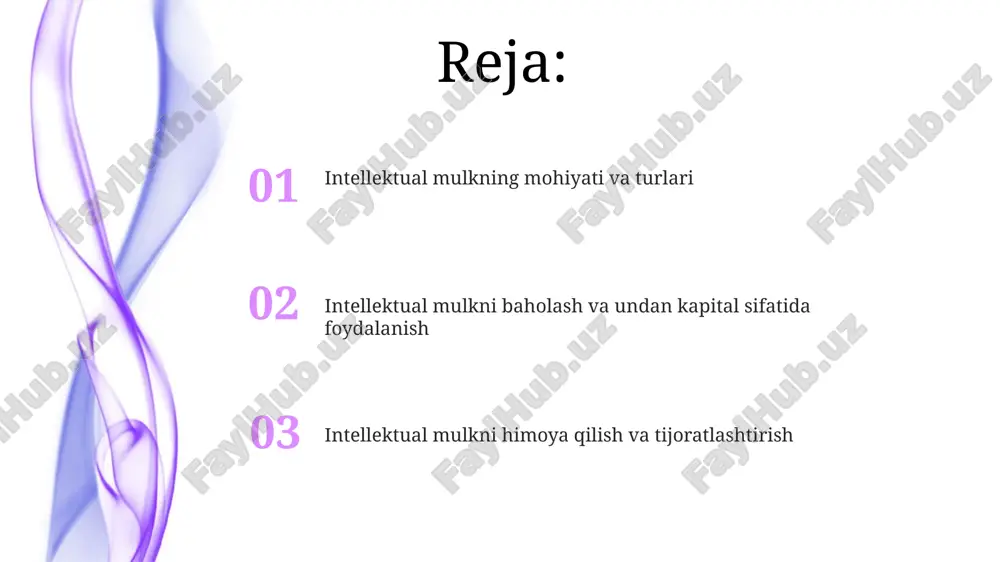 llektual mulkning qiymatini aniqlash uchun sof joriy qiymatni hisoblaydi. intellektual mulkni garovga qo'yish garovdagi intellektual mulkning qiymatini aniqlash uchun baholash tashkiloti tomonidan ekspert baholash o'tkaziladi, bunda brendning kuchliligi va potentsial daromad keltirish imkoniyati hisobga olinadi. intellektual mulkni garovga qo'yishda, litsenziya shartnomasi mavjudligi kreditni qaytarish kafolati sifatida xizmat qilishi mumkin, bu esa bank uchun xatarni kamaytiradi va kreditlash shartlarini yaxshilaydi. intellektual mulk va investitsiyalar intellektual mulkning bahosi 100% gacha investitsiyalarni jalb qilishi mumkin, chunki uning litsenziyalash va franchayzing orqali daromad keltirish potensiali yuqori. venture kapitalistlar startaplarni baholashda intellektual mulk portfelining sifatiga e'tibor berishadi; patentlar innovatsiyalarni himoya qilib, 30% gacha investitsiya qiymatini oshiradi. intellektual mulkni tijoratlashtirish strategiyalari litsenziyalash shartnomalari intellektual mulkdan foydalanish huquqini bir tomonning boshqa tomonga berishini nazarda tutadi, bunda royalti to'lovlari yoki boshqa kompensatsiyalar kelishiladi. venture kapitali va boshqa investitsiyalarni jalb qilish intellektual mulk aktivlarini taqdim etish orqali amalga oshiriladi, bu kompaniyaning bahosini oshiradi va moliyalashtirish imkoniyatini kengaytiradi. intellektual mulk …