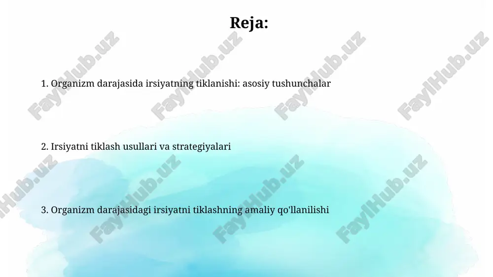 gen ekspressiyasida barqaror o'zgarishlar hosil qiladi, masalan dnk metillanishi va giston modifikatsiyasi orqali. epigenetik mexanizmlar rivojlanish jarayonida hujayralar differentsiatsiyasini ta'minlaydi, bunda genlarning yoqilishi yoki o'chirilishi hujayra turini belgilaydi. genomika va transkriptomika tahlili genomika dnkning tuzilishini, funksiyasini va evolyutsiyasini o'rganadi. ngs texnologiyalari genomni to'liq sekvenlash va 10^6-10^9 baz juftlarini tahlil qilishga yordam beradi. transkriptomika rnk molekulalarining umumiy to'plamini tahlil qiladi. rnk-sekvenlash orqali gen ekspressiyasining miqdori 10^4-10^5 genlar uchun aniqlanadi va ularning o'zgarishi kuzatiladi. sun'iy seleksiya va naslchilik sun'iy seleksiya – bu odam tomonidan 10,000 yildan ortiq vaqt davomida foydalanilgan, qimmatli belgilari bor o'simliklar va hayvonlarni tanlash jarayoni hisoblanadi. naslchilik genetikasi 20-asr boshlarida rivojlandi, bu esa duragaylash va tanlash usullarini yaxshilash, yangi navlar yaratish imkonini berdi va samaradorlikni oshirdi. genetik modifikatsiyalashtirish texnologiyalari genetik modifikatsiyalash texnologiyalari organizmlarning dnksini o'zgartirish uchun ishlatiladi, bu esa yangi xususiyatlarni (masalan, gerbitsidlarga chidamlilik) yaratishga imkon beradi. crispr-cas9 kabi texnologiyalar genomning aniq joylarini tahrir qilishga imkon beradi, bu esa …
