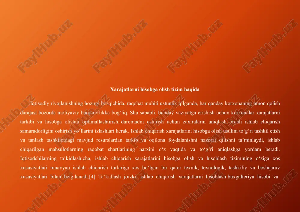 oshqa bir qator mualliflarni ajratib koʻrsatish mumkin. bundan tashqari, mualliflar oʻrasida asarlari alohida ishlab chiqarish xarajatlarini hisoblash masalalariga bagʻishlanganlari bor. bunday mualliflarga birinchi navbatda m.n. semikolenov, p. m. lebedev, v. e. kerimov, d. i. ryaxovskiy, i. v. averchev, d.a. popov, ye. m. yevstafev, v. a. ivlev, t. v. popovlarni kiritish kerak. xarajatlar hisobi tizimi deganda ishlab chiqarish xarajatlarini hisoblash qoidalari, usullari va tartiblari majmuasi tushuniladi. soʻnggi paytlarda korxonalarda xorijiy mamlakatlar iqtisodiy tajribasidan foydalanishga qiziqish ortdi. xarajatlar hisobi sohasidagi ilmiy adabiyotlar tahlili ishlab chiqarish xarajatlarini hisobga olish va hisoblashning quyidagi zamonaviy usullarini ochib berdi. jahon amaliyotida anʼanaviy usullar orasida va foydalanishdaeng keng tarqalgani direct- costing va standard-costing usullar hisoblanadi. direct costing va standart costing haqida umumiy tushuncha direct-costing- ishlab chiqarish xarajatlarini hisoblash tizimi boʻlib, u faqat oʻzgaruvchan ishlab chiqarish xarajatlariga asoslanadi va barcha xarajatlar hisobot davrining moliyaviy natijalaridan oʻchiriladi. usulning mohiyati shundan iboratki, bevosita va bilvosita moddiy xarajatlar ishlab chiqarilgan mahsulot …