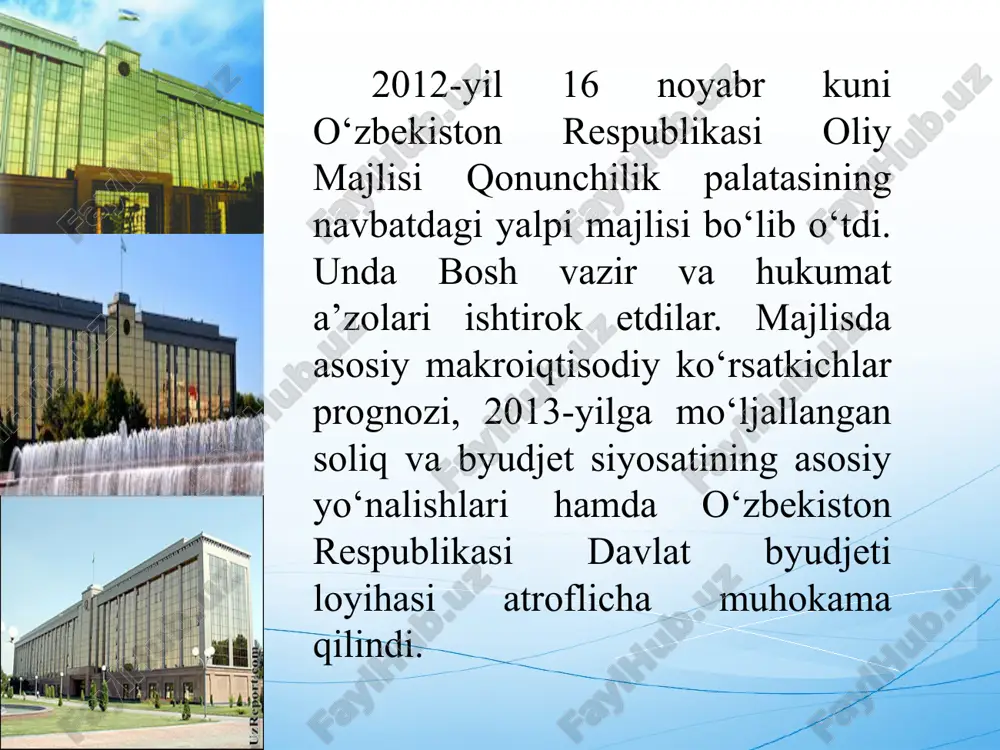 sh uchun yana bir rag‘batlantiruvchi omil sifatida xizmat qilishini alohida ta’kidladilar. 313 ta umumta’lim maktabi, 228 ta akademik litsey va kasb-hunar kolleji ta’lim va tibbiyot muassasalarini rekonstruksiya qilish, kapital ta’mirlash va jihozlash byudjetdan tashqari fondi mablag‘lari hisobidan kapital ta’mirlanadi va rekonstruksiya qilinadi. 1500 tadan ortiq umumta’lim muassasasi hamda 700 ta akademik litsey va kasb-hunar kolleji hozirgi zamon o‘quv jihozlari, kompyuterlar va o‘quv laboratoriyalari bilan ta’minlanadi. 54 ta bolalar musiqa va san’at maktabi, shuningdek, 137 ta sport zali va 25 ta bolalar sporti ob’ekti qurish, ularni kapital ta’mirlash va jihozlash rejalashtirilmoqda. www.arxiv.uz iqtisodiyotni moliyaviy qo‘llab-quvvatlash uchun 2,8 trillion so‘m ajratish nazarda tutilmoqda. bu esa joriy yilning tasdiqlangan parametrlariga nisbatan 22 foizga ko‘p. xususan, qishloq xo‘jaligi mahsulotlari yetishtiruvchilarni suv resurslari bilan o‘z vaqtida va to‘liq ta’minlashga 1,4 trillion so‘m sarflash mo‘ljallangan. bundan tashqari, melioratsiya shoxobchalarini rekonstruksiya qilish, ta’mirlash va tozalash dasturi doirasida sug‘oriladigan yerlarning meliorativ holatini yaxshilash fondi mablag‘lari hisobidan meliorativ ishlar …