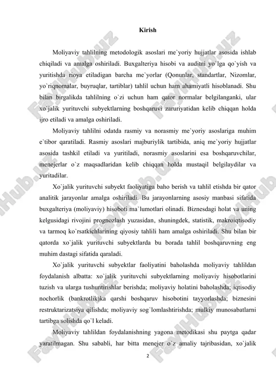 itiladi, norasmiy asoslarini esa boshqaruvchilar, menejerlar o`z maqsadlaridan kelib chiqqan holda mustaqil belgilaydilar va yuritadilar. xo`jalik yurituvchi subyekt faoliyatiga baho berish va tahlil etishda bir qator analitik jarayonlar amalga oshiriladi. bu jarayonlarning asosiy manbasi sifatida buxgalteriya (moliyaviy) hisoboti ma`lumotlari olinadi. biznesdagi holat va uning kelgusidagi rivojini prognozlash yuzasidan‚ shuningdek, statistik, makroiqtisodiy va tarmoq ko`rsatkichlarining qiyosiy tahlili ham amalga oshiriladi. shu bilan bir qatorda xo`jalik yurituvchi subyektlarda bu borada tahlil boshqaruvning eng muhim dastagi sifatida qaraladi. xo`jalik yurituvchi subyektlar faoliyatini baholashda moliyaviy tahlildan foydalanish albatta: xo`jalik yurituvchi subyektlarning moliyaviy hisobotlarini tuzish va ularga tushuntirishlar berishda; moliyaviy holatini baholashda; iqtisodiy nochorlik (bankrotlik)ka qarshi boshqaruv hisobotini tayyorlashda; biznesini restruktarizatsiya qilishda; moliyaviy sog`lomlashtirishda; mulkiy munosabatlarni tartibga solishda qo`l keladi. moliyaviy tahlildan foydalanishning yagona metodikasi shu paytga qadar yaratilmagan. shu sababli, har bitta menejer o`z amaliy tajribasidan, xo`jalik 3 yurituvchi subyektining faoliyat va boshqaruv xususiyatlaridan, axborot manbalarining hajmidan kelib chiqqan holda alohida metodik ishlanmalardan foydalanadilar. …