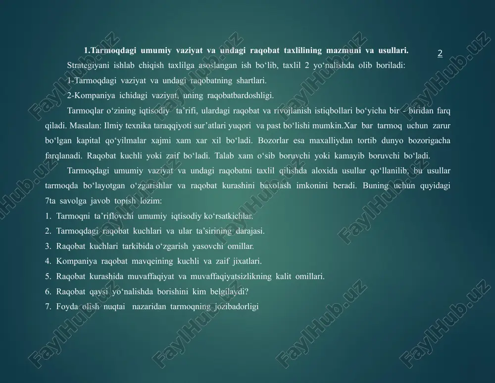 aniqlashdan iboratdir. bunda asosiy e’tibor strategiyaga oid bir qator muxim savollarga aniq javoblar topishga qaratiladi. sungra bu savollar kompaniyadagi strategik vaziyatning aniq manzarasini shakllantirish va uning strategik xatti-harakatlariga muqobil variantlarni belgilash uchun foydalaniladi. yakka biznes bilan shug‘ullanuvchi kompaniyadagi strategik vaziyatni taxlil qilish usullari kelgusida kupincha diversiyalangan kompaniyaning strategiyasini taxlil qilishda ham foydalaniladi. yakka biznes bilan shug‘gullanuvchi kompaniyadagi tashqi vaziyatni (makromuxitni) taxlil qilishda odatda soxa va raqobat taxlillaridan foydalaniladi. vaziyatni taxlil qilishda firmaning eng yaqin atrofi (mikromuxiti) urganiladi. 6-rasmda yakka biznes bilan shug‘ullanuvchi kompaniya uchun strategik taxlilning strukturasi keltirilgan. kompaniya strategik taxlilining mantiqiy yechimi strategiyani tanlashda muqobil variantlarga baxo berishdir. shunday qilib, ushbu taxlil strategik rejani shakllantirishning dastlabki nuqtasidir. 6-rasm. vaziyat tahlilidan strategik tanlovga tarmoq va raqobat taxlili. taxlil pog‘onalari. tarmoљ atrofining asosiy iљtisodiy tarifini aniqlash. xarakatlantiruvchi identifikatsiya qilish. darajasini kuchlarni raqobat baxolash. kompaniyaning tarmoqdagi raqobat mavљyeini baxolash. bundan keyin raqobatda kim bir xil xarakat qilishini prognozlash. muvoffaqiyatning kalit omillarini aniqlash. …