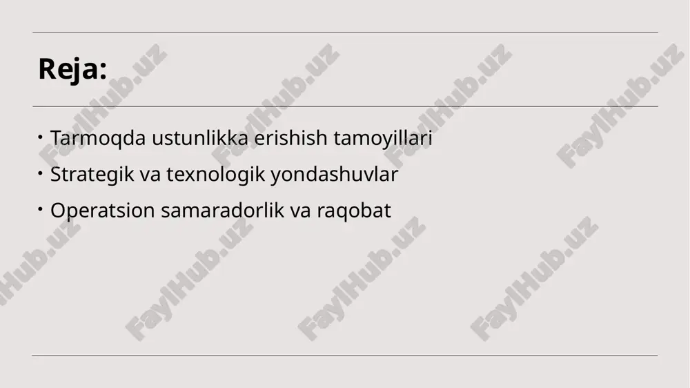 qlashda asosiy rol o'ynaydi. 2 resurslarni taqsimlash - strategik rejalashtirish orqali resurslar samarali taqsimlanishi ta'minlanadi, bu esa tarmoq ichidagi raqobatbardoshlikni oshiradi va ustunlikni yaratadi. 3 risklarni boshqarish - strategik rejalashtirish, raqobat muhitida yuzaga kelishi mumkin bo'lgan risklarni aniqlash va boshqarishga yordam beradi, bu esa muvaffaqiyatga erishishni ta'minlaydi. texnologik innovatsiyalar va tarmoq ustunligini oshirishdagi roli. texnologik innovatsiyalar tarmoq ustunligini oshirishda muhim rol o'ynaydi. ularning yordamida kompaniyalar operatsion samaradorlikni, raqobatbardoshlikni va mijozlar bilan aloqalarni yaxshilash imkoniyatiga ega bo'lishadi. misol uchun, sun'iy intellekt va katta ma'lumotlar tahlili orqali bozor tendentsiyalarini oldindan aytish mumkin. photo by joseph ebinezar on unsplash raqobatbardosh tarmoq yaratishda strategik va texnologik integratsiya. strategik integratsiya raqobatbardosh tarmoq yaratishda strategik integratsiya, tashkilotlar o'rtasida resurslar va bilimlarni birlashtirib, umumiy maqsadlarga erishishni ta'minlaydi. texnologik yondashuv texnologik yondashuvlar, innovatsion echimlar va yangi texnologiyalarni joriy etish orqali raqobatbardosh tarmoqni mustahkamlashda muhim rol o'ynaydi. o'zaro manfaatlar o'zaro manfaatlar asosida tashkilotlar o'rtasida hamkorlik, tarmoq ichida resurslarni samarali …