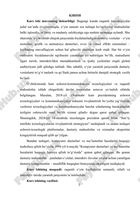 ahsuloti foydalanuvchi tajribasini yaratishga yo‘naltirilgan bo‘lib, matsallarni ilgari surish, interaktivlikni mustahkamlash va ijodiy yechimlar orqali global auditoriyani jalb qilishga intiladi. shu sababli, o‘yin yaratish jarayonida dasturiy vositalarni to‘g‘ri tanlash va qo‘llash jamoa uchun birinchi darajali strategik vazifa bo‘ladi. o‘zbekistonda ham axborot-kommunikatsiya texnologiyalari va raqamli mahsulotlar ishlab chiqarilishi davlat tomonidan ustuvor yo‘nalish sifatida belgilangan. masalan, 2018yil 19sentabr kuni prezidentning axborot texnologiyalari va kommunikatsiyalar sohasini rivojlantirish bo‘yicha yig‘ilishida «axborot texnologiyalari va kommunikatsiyalar barcha sohalarning harakatlanish tezligini oshiruvchi omil bo‘lib xizmat qiladi» degan qaror qabul qilingan. shuningdek, 2024yil 14oktabrda imzolangan prezident qarori bilan “sun’iy intellekt texnologiyalarini rivojlantirish strategiyasi” tasdiqlandi va undan tashqari axborot-texnologik platformalar, dasturiy mahsulotlar va xizmatlar eksportini kengaytirish maqsad qilib qo‘yilgan. bundan tashqari, kompyuter dasturlari va ma’lumotlar bazalarini huquqiy muhofaza qilish bo‘yicha 1994yil 6mayda “kompyuter dasturlari va ma’lumotlar bazalarini huquqiy himoya qilish to‘g‘risida” qonun qabul qilingan. bu qonun dasturiy mahsulotlar – jumladan o‘yinlar, interaktiv ilovalar va ular uchun yaratilgan dasturiy komponentlar …