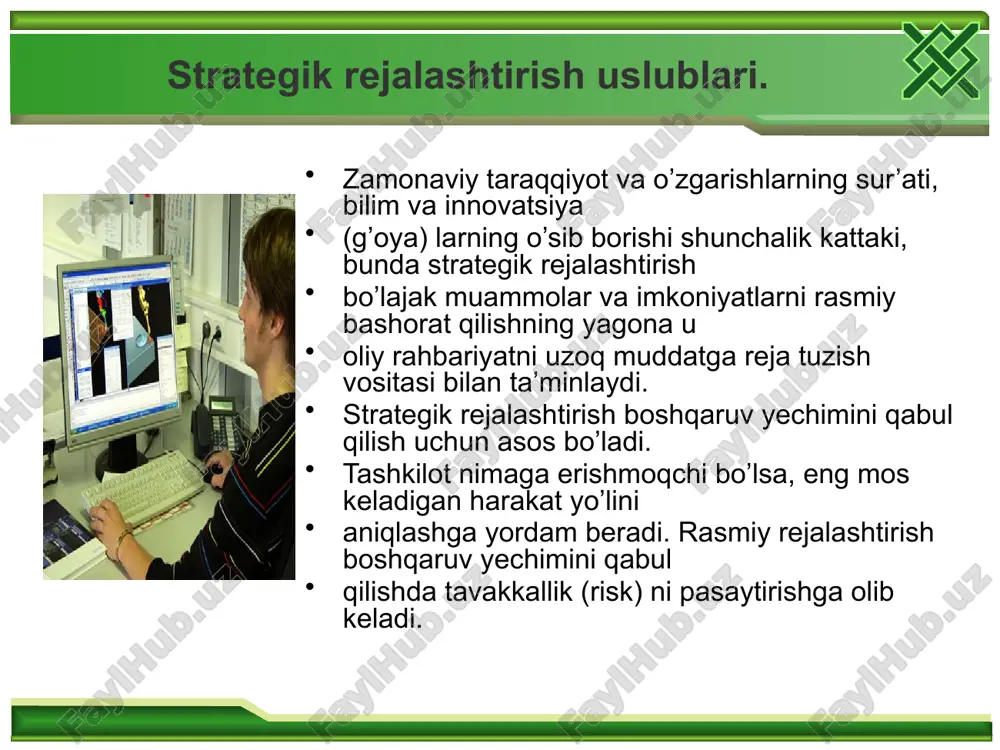 sadlarni aniqlashdan iborat. bunda masalalarning yechim vositalari va usullari, resurslardan foydalanish, yangi g’oya va texnologiyalarni qo’llash katta aniqlik bilan ishlab chiqiladi. ishlab chiqarishning joriy rejasi-bu oylik, chorak, yarim yillik rejalardir yoki kalendar reja. bu buyurtmalarga qarab tuziladi, resurslar bilan ta’minlanishi, ishlab chiqarish quvvatidan foydalanilish darajasi va har bir buyurtmaning bajarilish muddati hisobga olinadi. taktik va tezkor rejalashtirish ishlab chiqarish bo’linmalarida taktik va tezkor rejalashtirish mavjud. taktik rejalashtirish o’rta muddatli rejalar tuzilishini mo’ljallaydi va strategik g’oyani oydinlashtiradi, uning amalga oshirish usullari va shakllari aniqlanadi. taktik reja doimo tuzatilib turiladi, tashkilot faoliyatini nazariy va amaliy tayyorlash va yuritishdan iborat, shuning uchun odatda tartibga solib turiluvchi reja deyiladi. o’zbekistonda strategik rejalashtirishni tashkil etish. butun investitsiya siyosatida asosiy e’tibor korxonalarni ishlab chiqarishni kengaytirish, qayta qurish va texnika bilan qayta qurollantirish uchun mablag’ qidirib topishga rag’batlantirishga qaratilmog’i lozim. kapital sarflarni mablag’ bilan ta’minlash manbalarining strukturasi o’zgarmoqda. markazlashtirilgan tartibda beriladigan kapital sarflar ulushi ancha qisqardi. bugungi …