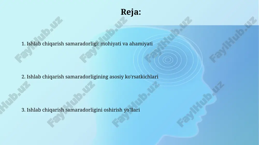 nti (materiallar xarajatlari umumiy xarajatlaridagi ulushi, masalan 0.4 yoki 40%) va chiqindilar koeffitsienti (ishlab chiqarishdagi chiqindilar ulushi) kiradi. energiya sarfi ko'rsatkichlari energiya sarfi ko'rsatkichlari sanoatda ishlab chiqarilgan mahsulot birligiga sarflangan energiya miqdorini (kvt/soat yoki gj) baholaydi va 10% kamaytirish maqsadga muvofiq. energiya samaradorligi ko'rsatkichlari, masalan, energiyani tejash koeffitsienti (etk), ishlab chiqarish jarayonlaridagi 15-20% gacha energiyani behuda sarflashni aniqlashga yordam beradi. asosiy vositalardan foydalanish ko'rsatkichlari asosiy vositalar unumdorligi (capital productivity) umumiy ishlab chiqarish hajmining o'rtacha yillik asosiy vositalar qiymatiga nisbati orqali hisoblanadi va 1 so'm asosiy vositaga to'g'ri keladigan mahsulotni ko'rsatadi. asosiy vositalar fond qaytimi (capital turnover) asosiy vositalarning samaradorligini baholash uchun ishlatiladi. yuqori ko'rsatkich korxonaning asosiy vositalardan samarali foydalanayotganini anglatadi, aksincha past ko'rsatkich esa aksini bildiradi. ishlab chiqarish quvvatidan foydalanish ko'rsatkichlari ishlab chiqarish quvvatidan foydalanish ko'rsatkichlari (ikf) 85% dan yuqori bo'lishi maqsadga muvofiq, bu aktivlardan samarali foydalanishni va kam xarajatlarni anglatadi. ikf hisoblashda, haqiqiy ishlab chiqarish hajmini maksimal mumkin bo'lgan …