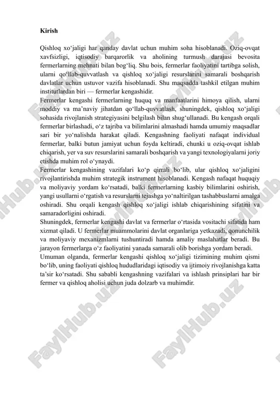 viy mexanizmlarni tushuntiradi hamda amaliy maslahatlar beradi. bu jarayon fermerlarga o‘z faoliyatini yanada samarali olib borishga yordam beradi. umuman olganda, fermerlar kengashi qishloq xo‘jaligi tizimining muhim qismi bo‘lib, uning faoliyati qishloq hududlaridagi iqtisodiy va ijtimoiy rivojlanishga katta ta’sir ko‘rsatadi. shu sababli kengashning vazifalari va ishlash prinsiplari har bir fermer va qishloq aholisi uchun juda dolzarb va muhimdir. 1. tashkil etilishi – kengash kimlardan iborat fermerlar kengashi qishloq xo‘jaligi sohasida faoliyat yurituvchi shaxslar va mutaxassislardan tashkil topadi. odatda kengash tarkibiga quyidagilar kiradi: fermerlar vakillari, qishloq xo‘jaligi mutaxassislari, iqtisodiy va moliyaviy maslahatchilar hamda mahalliy hokimiyat organlari vakillari. shu tarzda kengashda har bir ishtirokchining roli aniq belgilangan bo‘lib, ular birgalikda qishloq xo‘jaligi siyosatini shakllantirish, resurslarni samarali boshqarish va fermerlarning manfaatlarini himoya qilish bilan shug‘ullanadi. tashkiliy jihatdan kengash rais, kotib va bo‘limlar (moliyaviy, huquqiy, strategik rivojlanish va boshqalar)dan iborat bo‘ladi. rais kengashning faoliyatini boshqaradi, kotib esa hujjatlar va yig‘ilishlarni tartibga soladi. bo‘limlar esa o‘z …