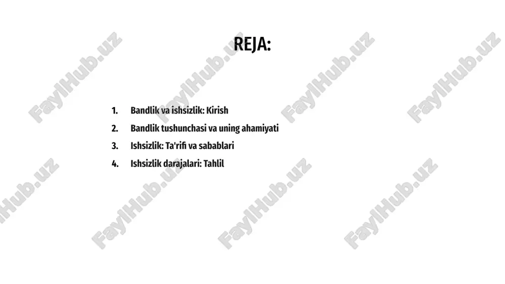 oladi. bu daraja iqtisodiy barqarorlik holatini bildiradi. 02 tahlil qilishda struktural, friksion va tsiklik ishsizlik turlari muhim rol o‘ynaydi. har bir tur o‘ziga xos sabablarga ega bo‘ladi. 03 ishsizlik darajalari: tahlil ishsizlik turlari: asosiy ko'rinishlar ishsizlikning turli shakllari mavjud bo‘lib, ular iqtisodiy faoliyatdagi o‘zgarishlarga bog‘liq holda paydo bo‘ladi. eng asosiy turlaridan biri friksion ishsizlikdir. 02 friksion ishsizlik vaqtincha holat bo‘lib, odamlar yangi ish izlayotganda yoki ish o‘zgartirayotganda yuzaga keladi. bu odatiy holat hisoblanadi. 03 yana bir muhim ko‘rinish - strukturaviy ishsizlik. bu tur bozor talabining o‘zgarishi yoki texnologik rivojlanish natijasida yuzaga keladi. 01 1 2 3 bandlik — aholining mehnatga layoqatli qismi tomonidan ish bilan ta’minlanganlik holatini anglatadi. u iqtisodiy barqarorlik va farovonlikning muhim ko‘rsatkichidir. ishsizlik darajalari: tabiiy, siklik, tuzilmaviy va mavsumiy shakllarda bo‘ladi. har biri iqtisodiy o‘sish darajasiga turlicha ta’sir ko‘rsatadi. ishsizlik ijtimoiy-iqtisodiy muammolarga sabab bo‘ladi: daromad kamayadi, turmush sifati yomonlashadi va jamiyatda ijtimoiy keskinlik kuchayadi. ishsizlikning ijtimoiy-iqtisodiy ta'siri …