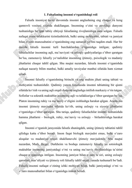ng jamiyatdagi o‘rni va uning ma’naviy rivojlanishiga ta’sirini chuqur o‘rganishga intilgan. insonning jamiyat bilan o‘zaro ta’siri, uning axloqiy qarorlari, mas’uliyati va ijtimoiy roli falsafiy tahlil orqali yanada tushunarli bo‘ladi. falsafa insonni nafaqat o‘zining ichki mohiyati bilan, balki jamiyatdagi o‘rni va o‘zaro munosabatlari bilan o‘rganishga imkon beradi. falsafa insonning ma’naviy rivojlanishida ham beqiyos ahamiyatga ega. har bir insonning hayotiy yo‘li, qaror qabul qilish qobiliyati, shaxsiy erkinligi va axloqiy mas’uliyati uning ma’naviy rivojlanish darajasiga bog‘liq. falsafa esa insonni o‘zini anglashga, o‘z qadriyatlarini aniqlashga va hayotiy maqsadlarini belgilashga yordam beradi. masalan, ekzistensializm insonning o‘z hayotini anglash va unga ma’no berish jarayonini markazga qo‘yadi. sartre va kamyuning qarashlariga ko‘ra, inson o‘z erkinligi orqali o‘zining mohiyatini yaratadi, shuningdek, o‘z tanlovlari orqali jamiyat va atrof-muhitga ta’sir qiladi. shu tariqa, falsafa insonni o‘zini anglashga, shaxsiy va ijtimoiy mas’uliyatni his qilishga yo‘naltiradi. insonni o‘rganishda falsafa tafakkurning rivojlanishiga ham katta hissa qo‘shadi. tafakkur – insonning o‘zini va atrofdagi dunyoni …