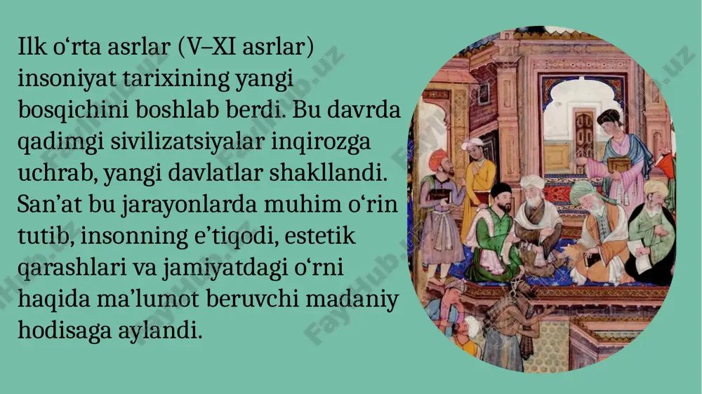 ndiston va xitoyda haykaltaroshlik buddaviylik bilan bog‘liq holda rivojlandi.budda haykallari tinchlik, sabr-toqat, ma’rifat ramzi sifatida yaratildi.islom san’atida esa haykal o‘rnini geometrik naqsh va kaligrafiya egalladi. 9 bu davrda metall, sopol, yog‘och va ipak bilan ishlash keng yoyildi. misgarlik, kulolchilik, naqqoshlik, to‘qimachilik yuqori darajada rivojlandi. bu san’at turlari nafaqat bezak, balki kundalik hayotda ham amaliy ahamiyatga ega edi. 10 yevropada ilk o‘rta asrlarda san’at asosan xristianlik g‘oyalari asosida shakllandi. cherkovlar san’at markaziga aylandi. roman va gotika uslublari keng tarqaldi. haykallar, vitraj oynalar va mozaikalar diniy mazmunga ega edi. 11 diniy san’atda muqaddas obrazlar, farishtalar, payg‘ambarlar tasvirlandi. islom san’atida esa yozuv, naqsh va arabeska orqali ma’naviyat ifodalandi. har bir diniy yo‘nalish san’atga o‘ziga xos estetik ruh bag‘ishladi. 12 san’at xalq urf-odatlari, musiqa, raqs va kiyim-kechagiga singib ketdi. naqshlar xalq bezak san’atiga o‘tib, avloddan-avlodga meros bo‘lib qoldi. san’at xalqning tarixiy xotirasi va milliy o‘zligini mustahkamladi. 13 14 ilk o‘rta asrlar san’ati — inson …