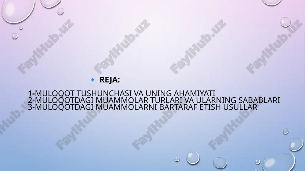 sh kerak. bu xatoliklarni kamaytiradi va muloqotni yaxshilaydi. maslahat: o‘zingizning fikrlaringizni aniq va muloyim tarzda bildiring, va boshqalarning fikrini ham hurmat qiling . empatiya ko‘rsatish: empatiya bu boshqa odamning his-tuyg‘ularini tushunish va ularga hurmat bilan munosabatda bo‘lishdir. empatiya ko‘rsatish, muloqotda to‘g‘ri tushunish va kelishmovchiliklarni bartaraf etishda yordam beradi. maslahat: "men seni tushunaman, bu holatda qanday his qilayotganingni tasavvur qilaman" deb empatiya ko‘rsatish suhbatni yaxshi tomonga o‘zgartiradi. e`tiboringiz uchun rahmat image2.png image3.png image4.png image5.jpg image6.jpg image7.jpg image8.jpg image1.png /docprops/thumbnail.jpeg