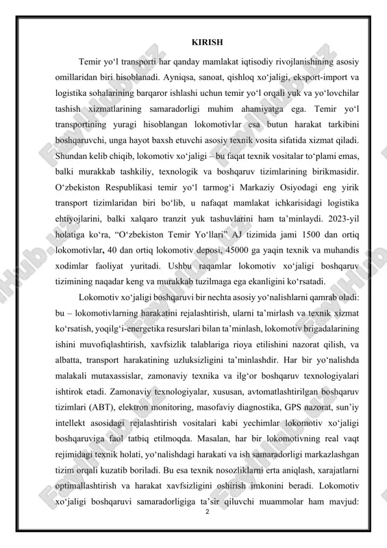 ogiyalar, xususan, avtomatlashtirilgan boshqaruv tizimlari (abt), elektron monitoring, masofaviy diagnostika, gps nazorat, sun’iy intellekt asosidagi rejalashtirish vositalari kabi yechimlar lokomotiv xo‘jaligi boshqaruviga faol tatbiq etilmoqda. masalan, har bir lokomotivning real vaqt rejimidagi texnik holati, yo‘nalishdagi harakati va ish samaradorligi markazlashgan tizim orqali kuzatib boriladi. bu esa texnik nosozliklarni erta aniqlash, xarajatlarni optimallashtirish va harakat xavfsizligini oshirish imkonini beradi. lokomotiv xo‘jaligi boshqaruvi samaradorligiga ta’sir qiluvchi muammolar ham mavjud: texnik parkining eskirganligi, kadrlar malakasi yetarli emasligi, zaxira ehtiyot qismlar bilan ta’minotdagi uzilishlar, eskirgan infratuzilma va raqamlashtirish darajasining pastligi shular jumlasidandir. ushbu muammolarni bartaraf etish uchun tizimli islohotlar, investitsion loyihalar, xodimlarni qayta tayyorlash dasturlari va xorijiy tajribalarni o‘rganish kabi chora-tadbirlar zarur bo‘lmoqda. lokomotiv xo‘jaligini boshqarish tizimi, uning tarkibi va funktsiyalarini chuqur tahlil qilish, mavjud muammolarni aniqlash va ularning yechimlarini ishlab chiqish hozirgi kunda nafaqat transport sohasidagi mutaxassislar, balki butun iqtisodiyot uchun muhim vazifalardan biri hisoblanadi. ushbu mavzu doirasida lokomotiv xo‘jaligini boshqarishning tashkiliy tuzilmasi, …