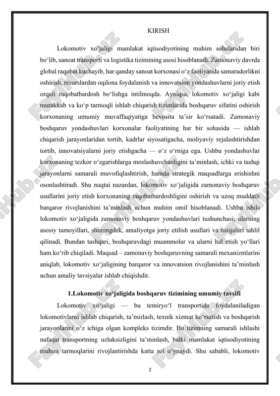 miy tavsifi lokomotiv xo‘jaligi — bu temiryo‘l transportida foydalaniladigan lokomotivlarni ishlab chiqarish, ta’mirlash, texnik xizmat ko‘rsatish va boshqarish jarayonlarini o‘z ichiga olgan kompleks tizimdir. bu tizimning samarali ishlashi nafaqat transportning uzluksizligini ta’minlash, balki mamlakat iqtisodiyotining muhim tarmoqlarini rivojlantirishda katta rol o‘ynaydi. shu sababli, lokomotiv xo‘jaligida boshqaruv tizimi aniq, tizimli va o‘z vaqtida qaror qabul qilishga qodir bo‘lishi talab etiladi. 1-rasm boshqaruv tizimi — bu korxonaning barcha bo‘linmalari va jarayonlarini muvofiqlashtirish, resurslarni samarali taqsimlash, ishlab chiqarish jarayonlarini boshqarish va natijalarni nazorat qilishdan iborat kompleks mexanizmdir. lokomotiv xo‘jaligida boshqaruv tizimi an’anaviy ishlab chiqarish boshqaruvidan farqli o‘laroq, juda ko‘p o‘zgaruvchan va murakkab jarayonlarni o‘z ichiga oladi. bular orasida texnik xizmat ko‘rsatish, ta’mirlash jadvalini tuzish, xavfsizlik talablariga rioya qilish, kadrlar malakasini oshirish va yangilangan texnologiyalarni qo‘llash singari elementlar mavjud. lokomotiv xo‘jaligida boshqaruv tizimi ko‘p darajali va bo‘linmalararo bo‘lib, unda yuqori boshqaruv organlari strategik qarorlarni qabul qiladi, o‘rta boshqaruv darajasi resurslar taqsimoti va jarayonlarni tashkil …