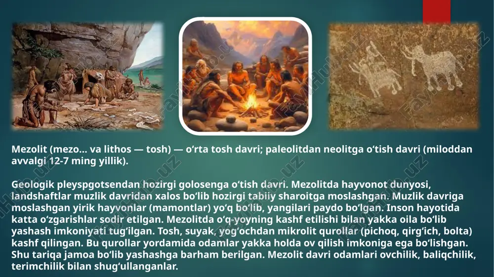 y ixtiro qilindi. o‘q yoyning kashf etilishi xo‘jalikda ovning ahamiyatini oshirdi. endi ibtidoiy ovchilar uzoqdan turib o‘z o'ljasini nishonga olish imkoniyatiga ega boʼldilar va oziq-ovqatga boʼlgan talabni qondira oldilar. oʻsimliklar dunyosida ham issiqtalab o‘simliklar salmog‘i oshdi. daryolarning sersuv bo‘lishi baliqchilikning vujudga kelishiga va dastlabki qayiqlarning paydo boʼlishiga olib keldi. bu esa ibtidoiy odamning turmush tarzini o‘zgartirdi. ibtidoiy ovchilar hayvonlar (asosan bug‘ular) izidan yurib, yangi-yangi yerlarni o‘zlashtirib bordilar. shu sababli, mezolit davri odamlari keng hududlarga tarqalganlar. mezolit davrida oʻrta osiyoning deyarli barcha hududlari yashash uchun qulay boʼlgan. amudaryo bilan sirdaryo oraliqlarida mezolit davriga oid yodgorliklar ko‘p uchraydi. bu davr jamoasida diniy tasavvurlar maʼlum bir shaklga kirdi. bu haqda mezolit davri mozorlari, qoyatosh rasmlari darak beradi. mezolit davri qadimgi tarixdagi o‘ta muhim o‘rin tutadi. u eramizdan avvalgi taxminan 12 000 yildan 8 000 yilgacha davom etgan bo‘lib, paleolit va neolit davrlari orasidagi ko‘prik vazifasini bajaradi. bu davrda iqlim sharoitlarining o‘zgarishi va muzliklarning …